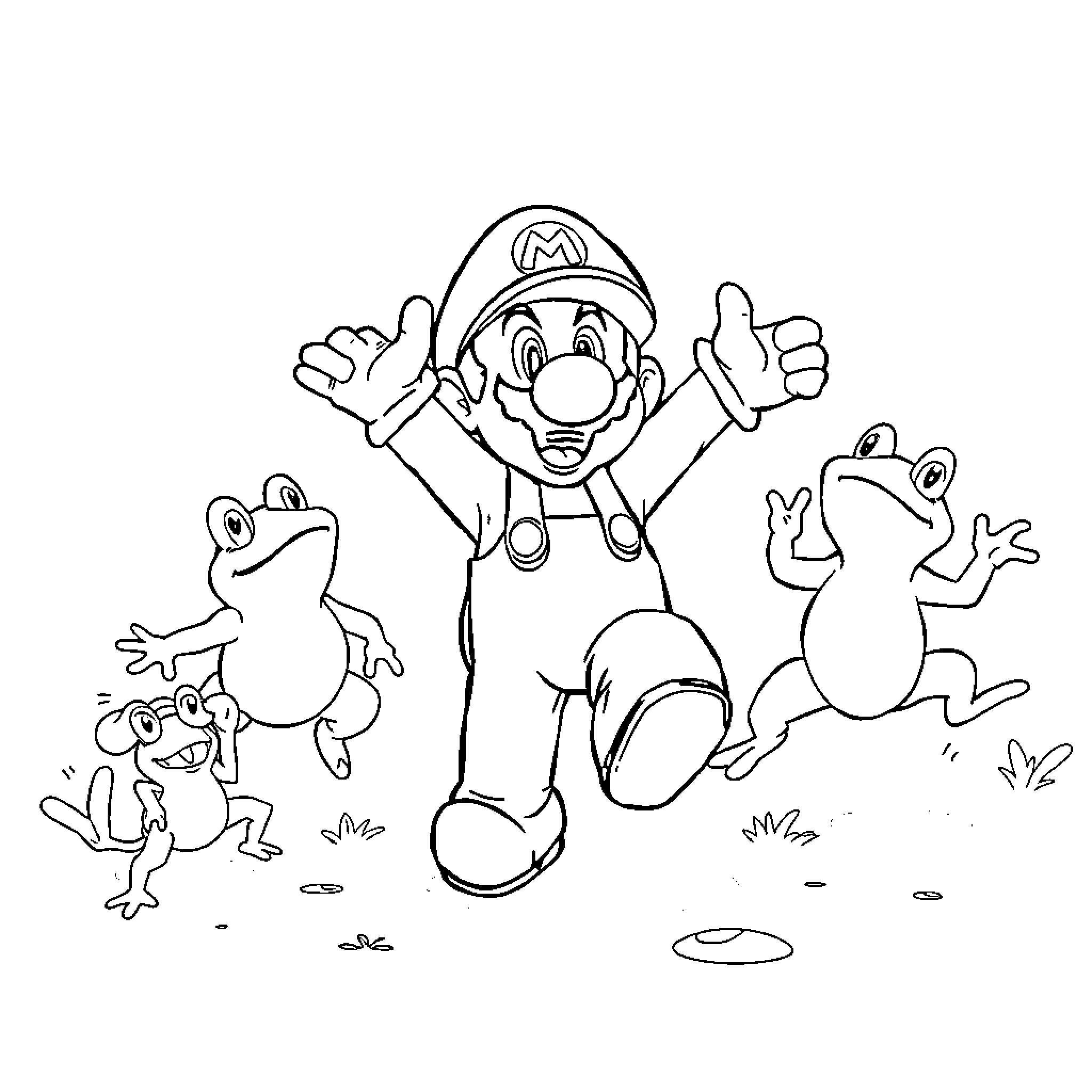 Mario's Exciting Adventure with Friendly Critters Coloring Page (free black-and-white line drawing printable PDF for all, from beginners to advanced learners, including children, teens, adults, and seniors)
