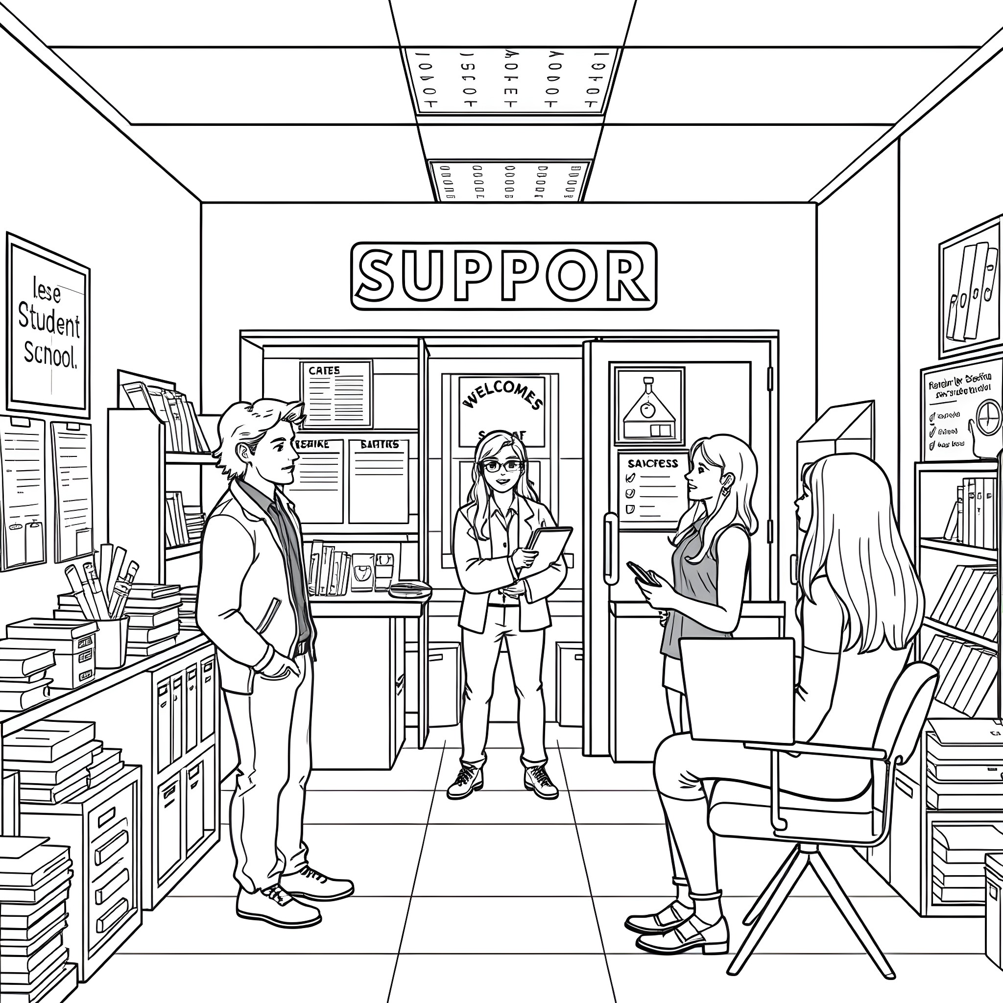 Students in a school support office Coloring Page (free black-and-white line drawing printable PDF for all, from beginners to advanced learners, including children, teens, adults, and seniors)