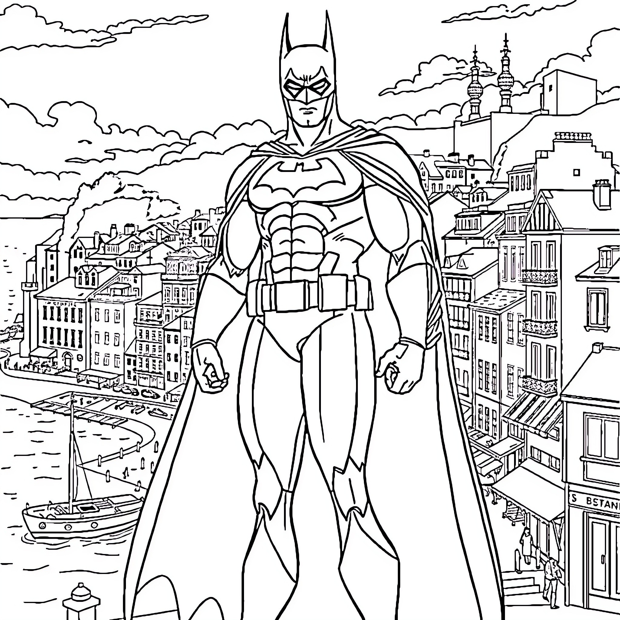 Batman standing heroically over the city skyline Coloring Page (free black-and-white line drawing printable PDF for all, from beginners to advanced learners, including children, teens, adults, and seniors)