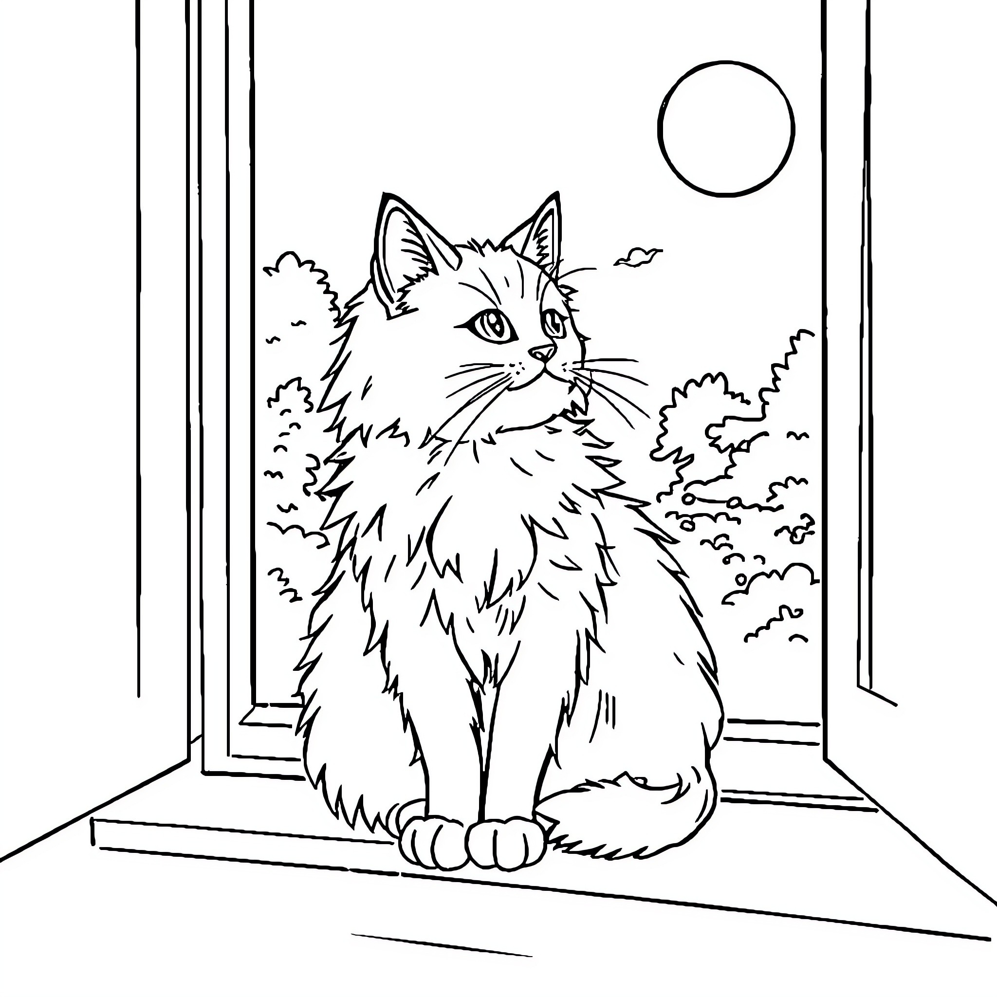 Cat gazing out the window Coloring Page (free black-and-white line drawing printable PDF for all, from beginners to advanced learners, including children, teens, adults, and seniors)