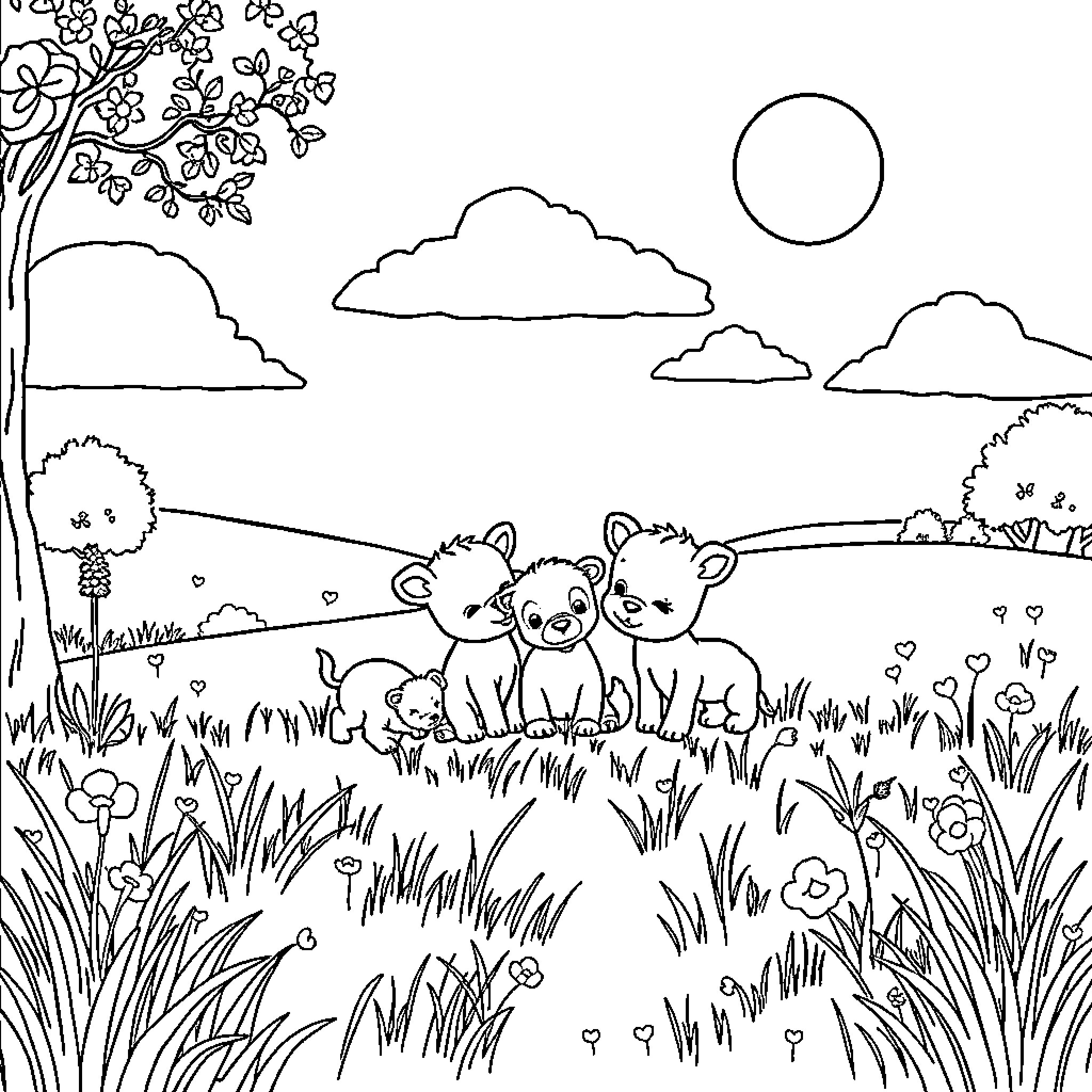 Baby Animal Trio Frolicking in the Meadow Coloring Page (free black-and-white line drawing printable PDF for all, from beginners to advanced learners, including children, teens, adults, and seniors)