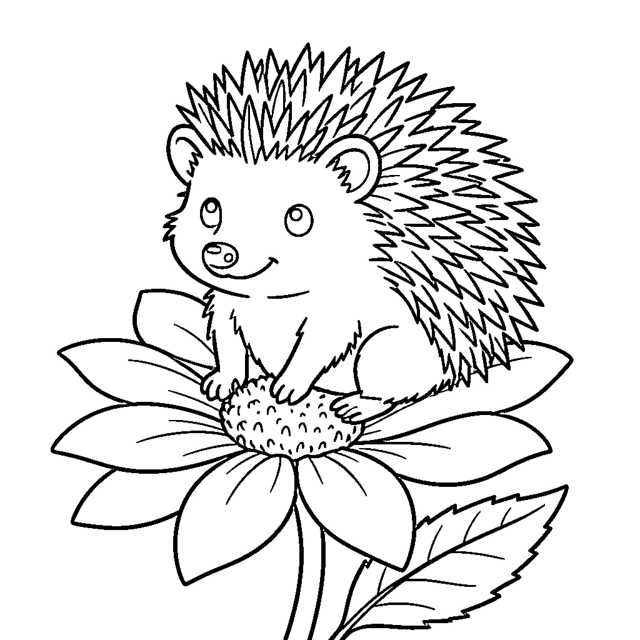 Edgedog hedgehog sitting happily atop a large flower Coloring Page (free black-and-white line drawing printable PDF for all, from beginners to advanced learners, including children, teens, adults, and seniors)
