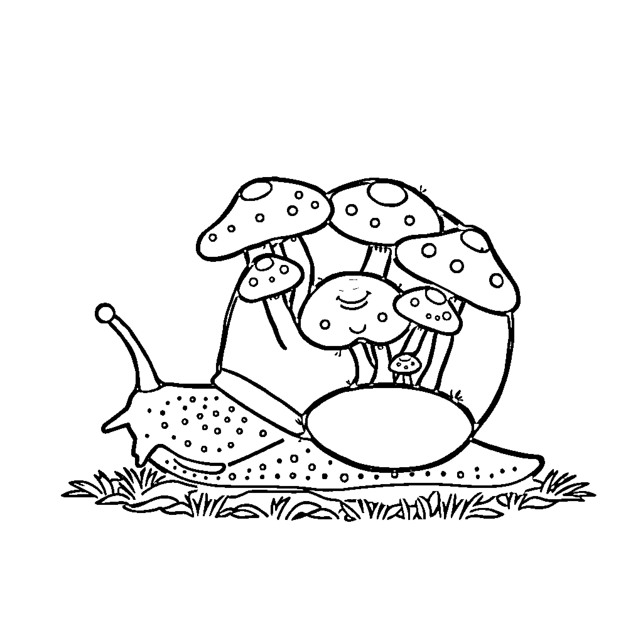 Snail nestled among whimsical mushrooms Coloring Page (free black-and-white line drawing printable PDF for all, from beginners to advanced learners, including children, teens, adults, and seniors)