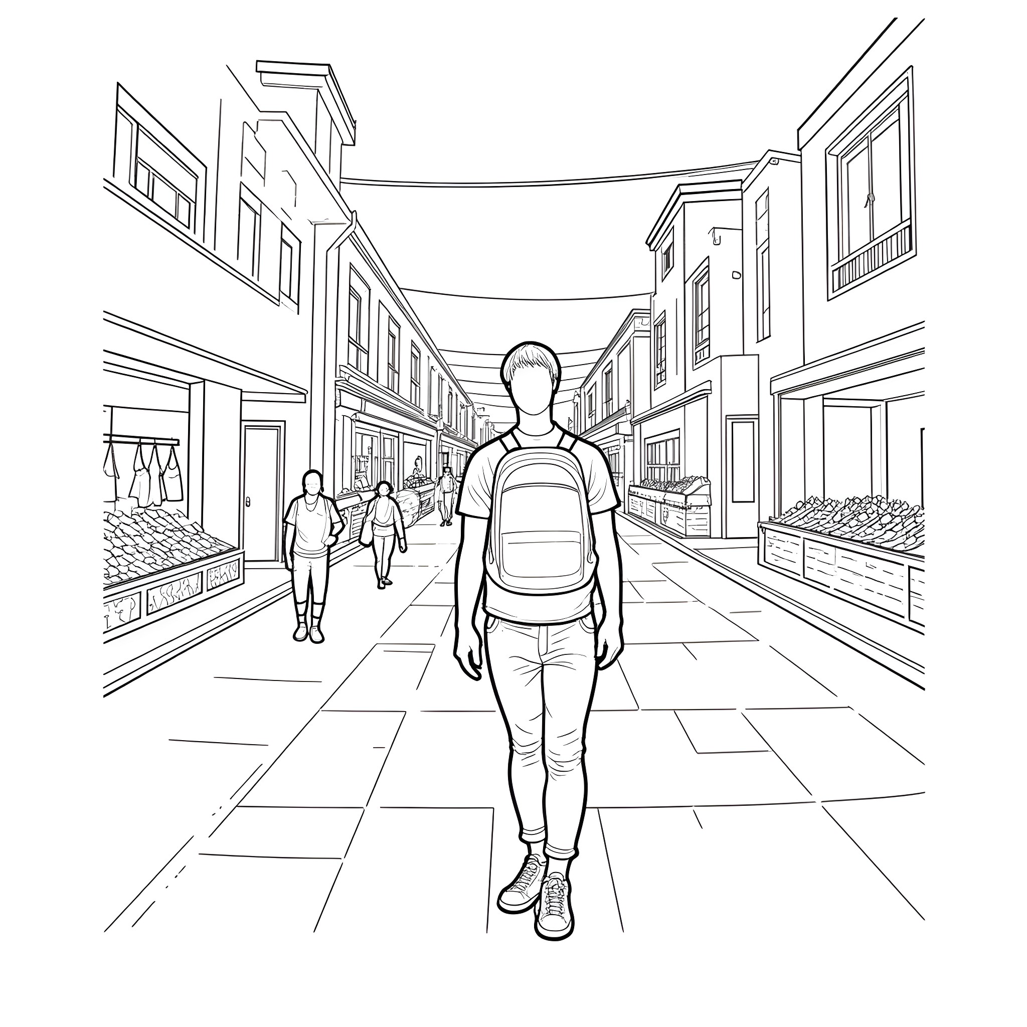 Tourist walks through a bustling market street Coloring Page (free black-and-white line drawing printable PDF for all, from beginners to advanced learners, including children, teens, adults, and seniors)