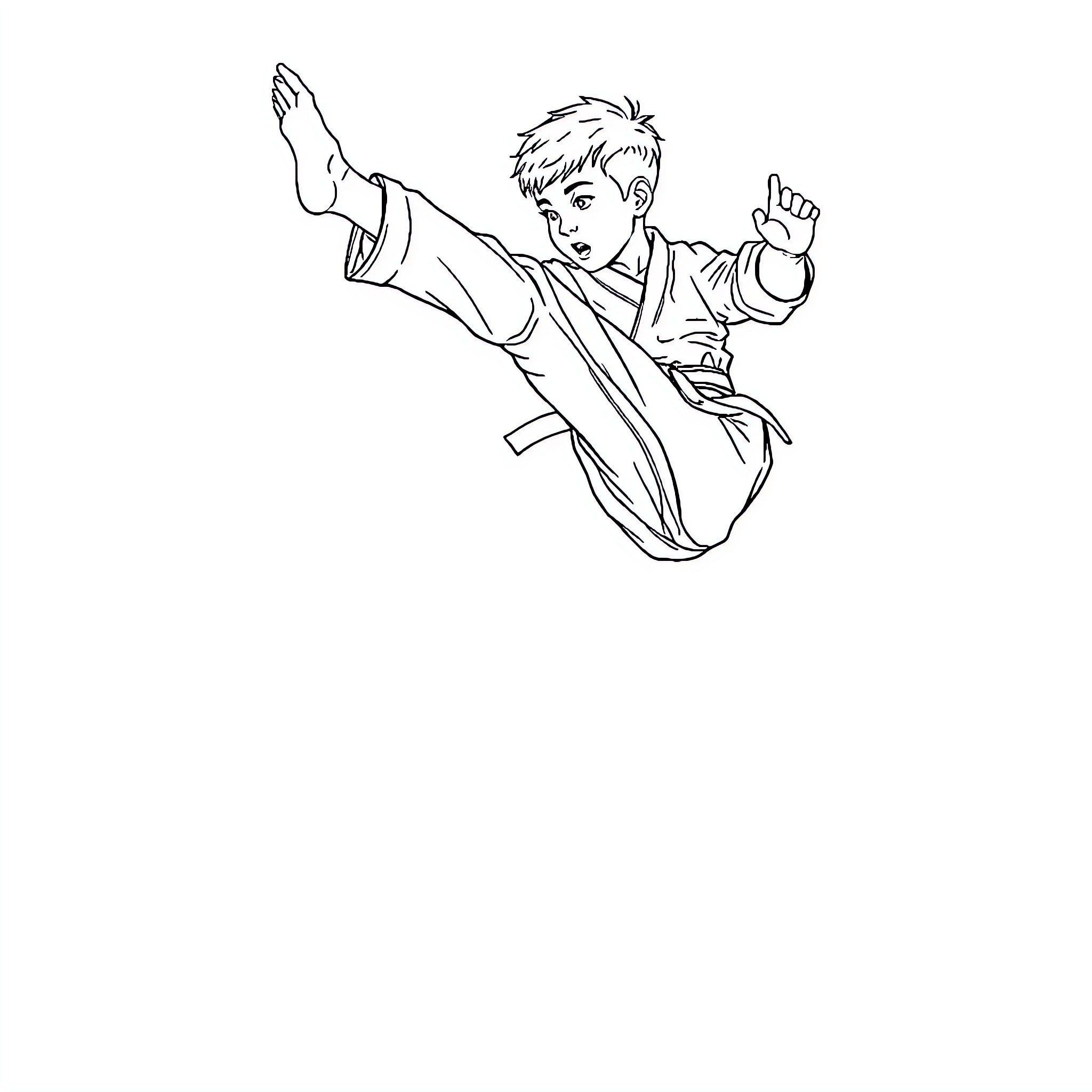Boy performing high-energy martial arts move Coloring Page (free black-and-white line drawing printable PDF for all, from beginners to advanced learners, including children, teens, adults, and seniors)