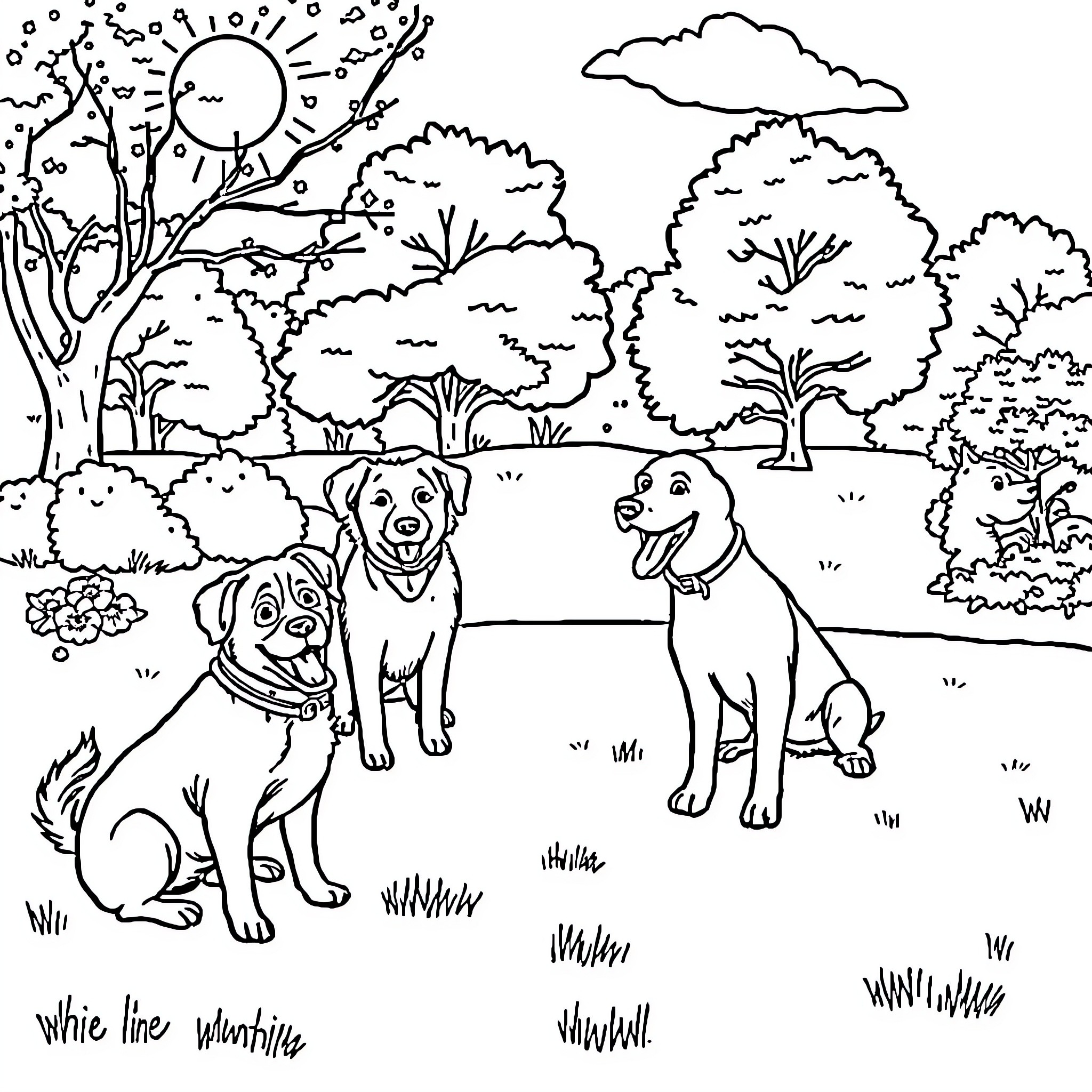 Dogs enjoying a sunny day in the park Coloring Page (free black-and-white line drawing printable PDF for all, from beginners to advanced learners, including children, teens, adults, and seniors)