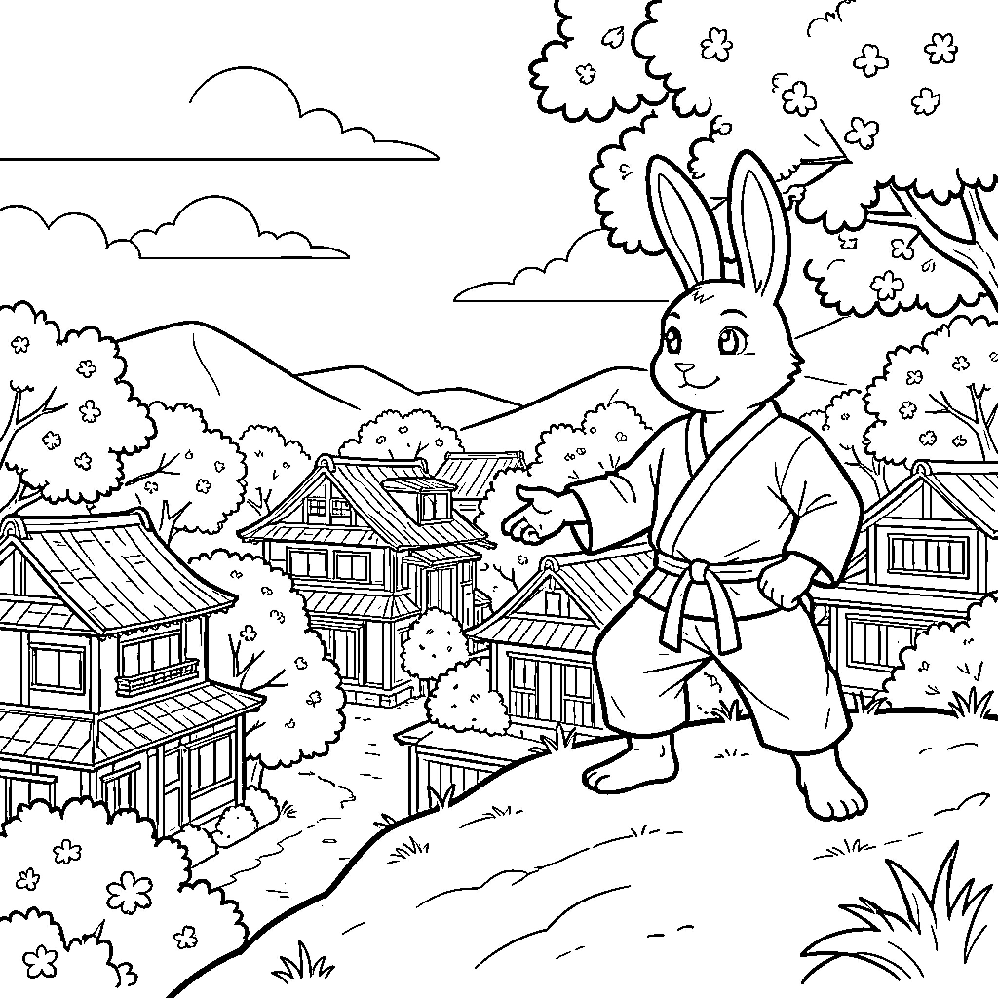 Rabbit wearing traditional clothing standing in a village Coloring Page (free black-and-white line drawing printable PDF for all, from beginners to advanced learners, including children, teens, adults, and seniors)