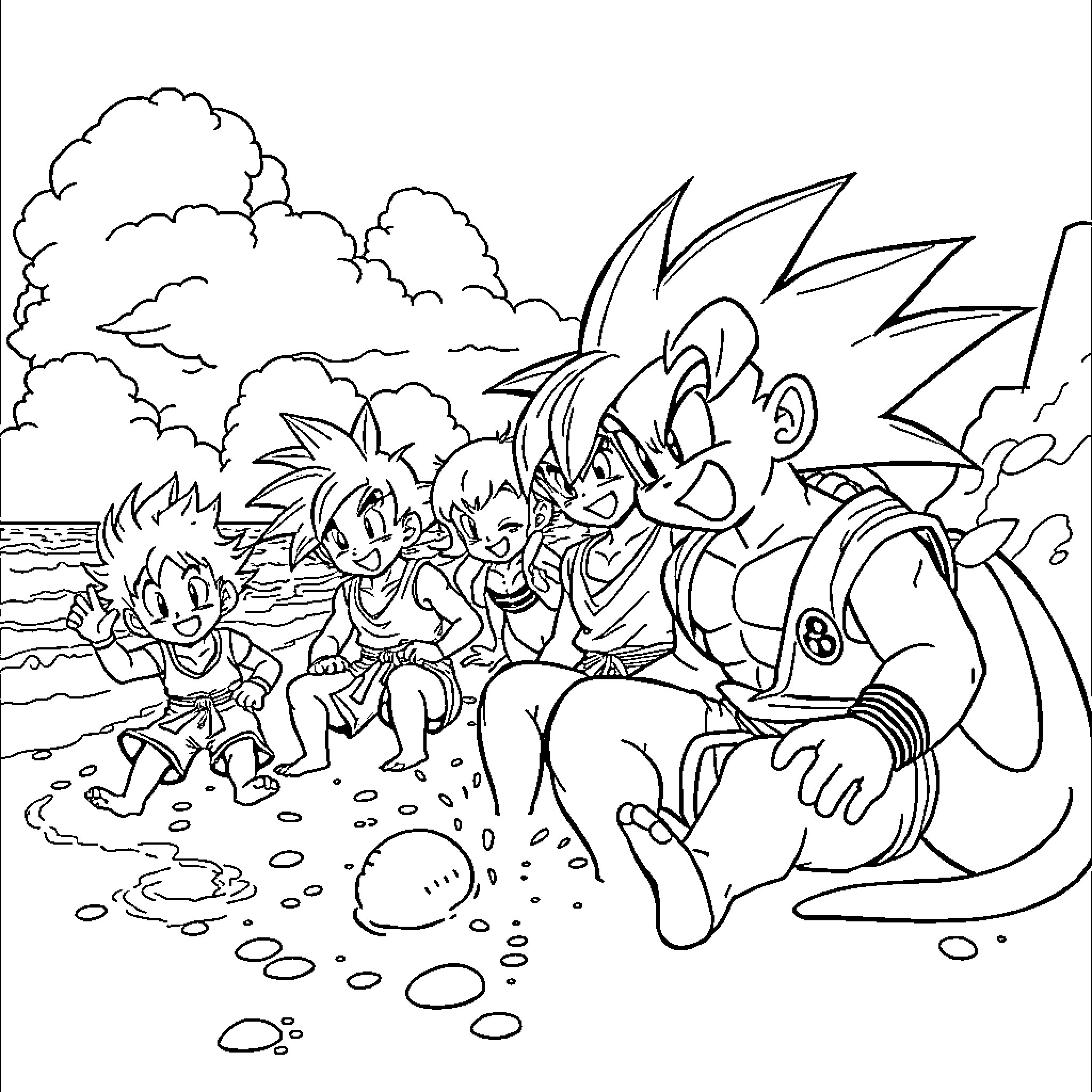 Dragon Ball Characters Enjoying an Outdoor Adventure Coloring Page (free black-and-white line drawing printable PDF for all, from beginners to advanced learners, including children, teens, adults, and seniors)