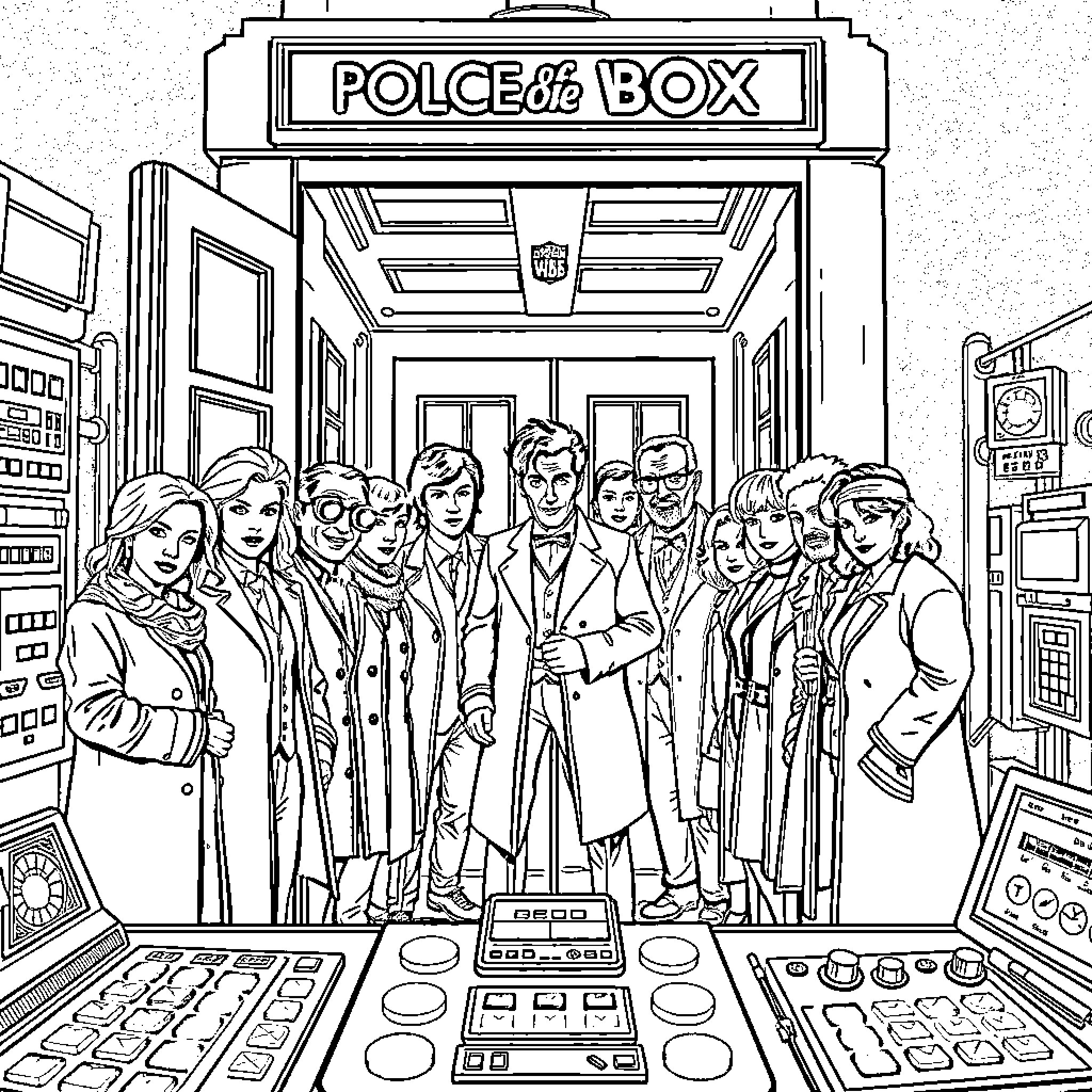 Doctor Who and companions gathered inside the TARDIS Coloring Page (free black-and-white line drawing printable PDF for all, from beginners to advanced learners, including children, teens, adults, and seniors)