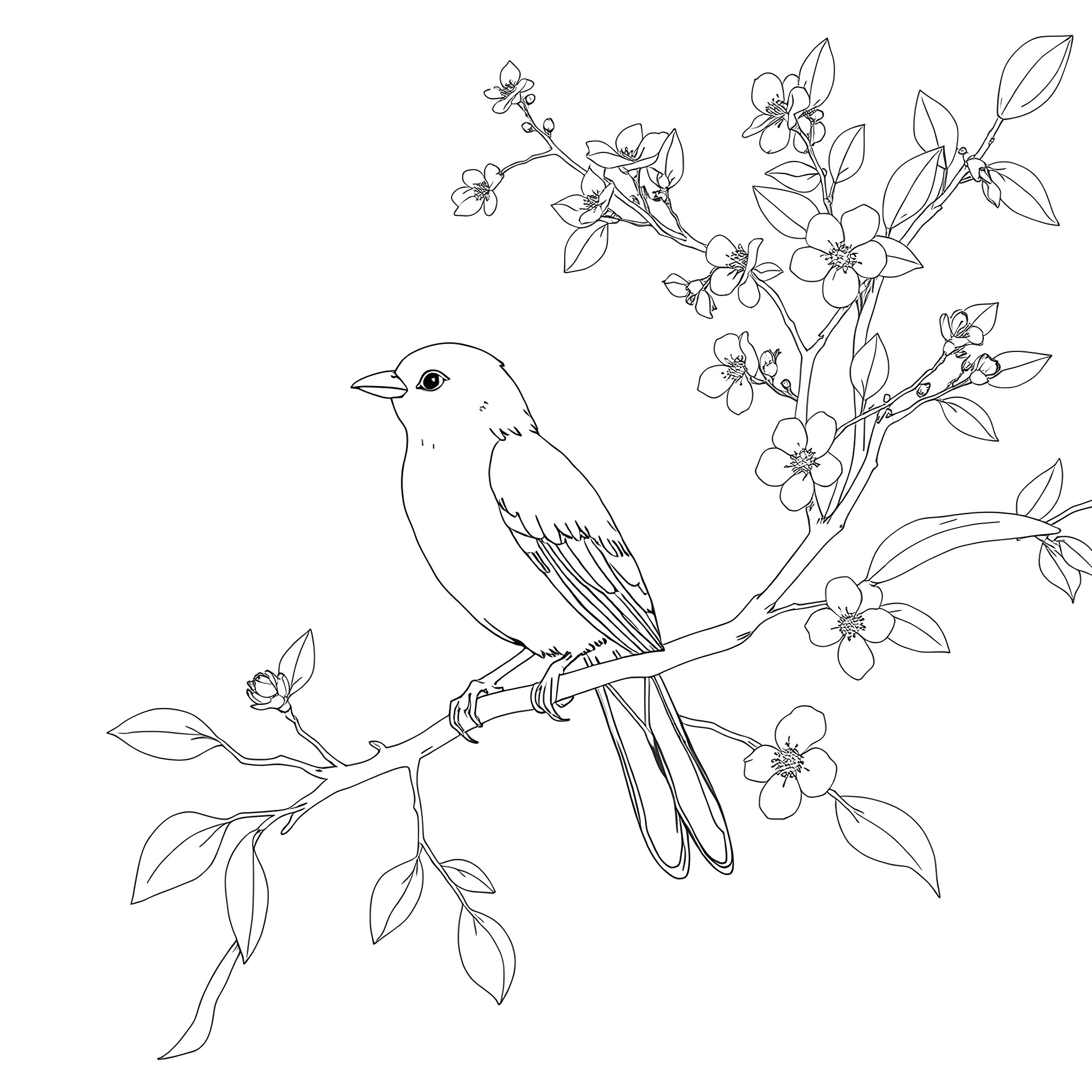 Passerina bird perched on blossoming branch Coloring Page (free black-and-white line drawing printable PDF for all, from beginners to advanced learners, including children, teens, adults, and seniors)