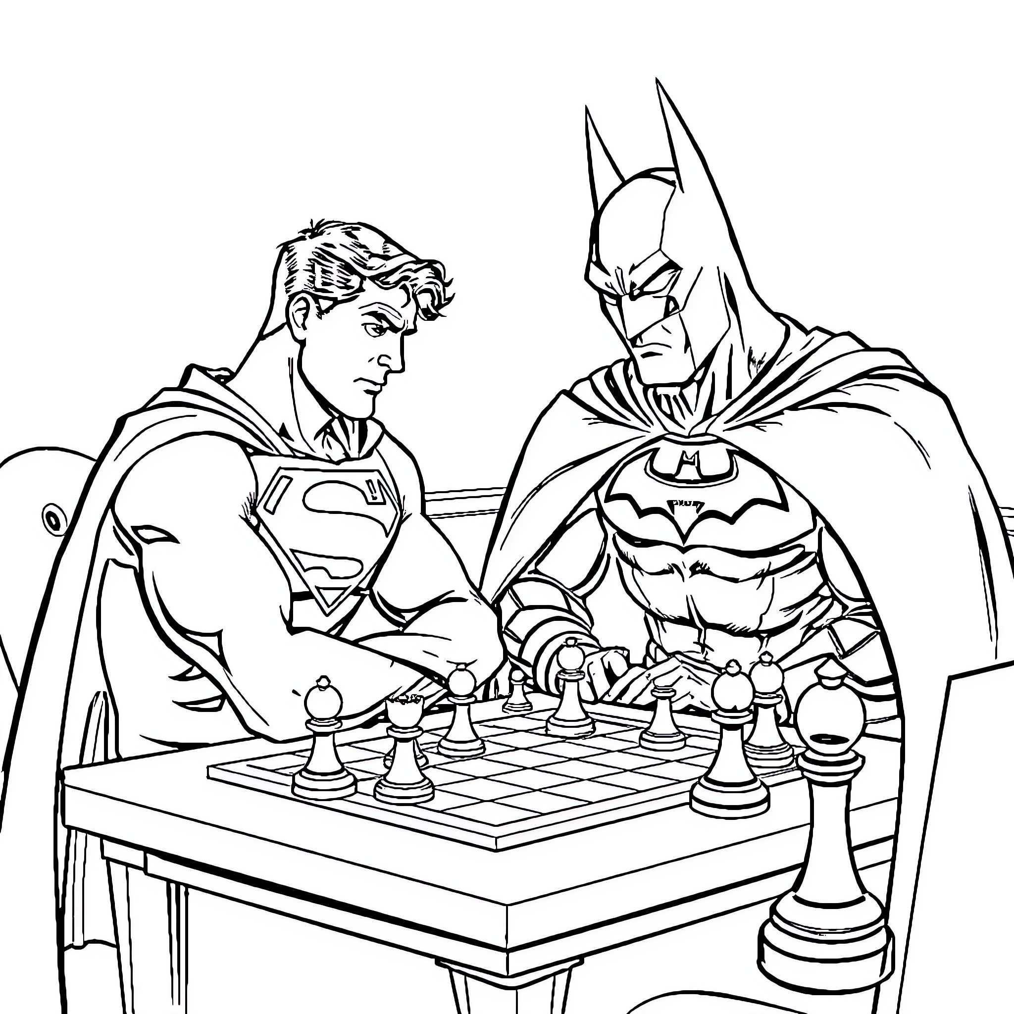 Superman and Batman playing chess together Coloring Page (free black-and-white line drawing printable PDF for all, from beginners to advanced learners, including children, teens, adults, and seniors)