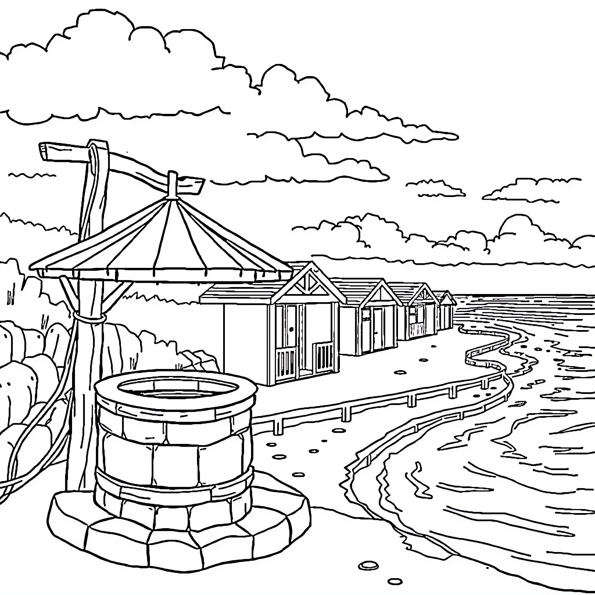Well-Designed Coastal Retreat with Scenic Waterfront Coloring Page (free black-and-white line drawing printable PDF for all, from beginners to advanced learners, including children, teens, adults, and seniors)