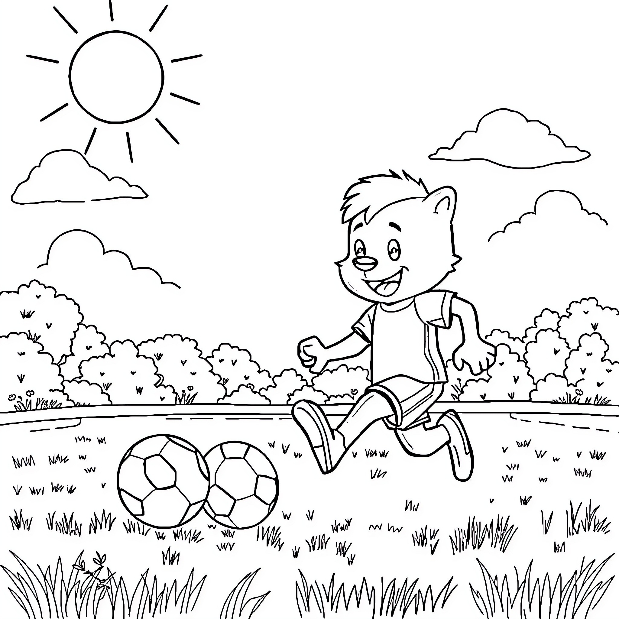 Bluey playing soccer in a sunny field Coloring Page (free black-and-white line drawing printable PDF for all, from beginners to advanced learners, including children, teens, adults, and seniors)