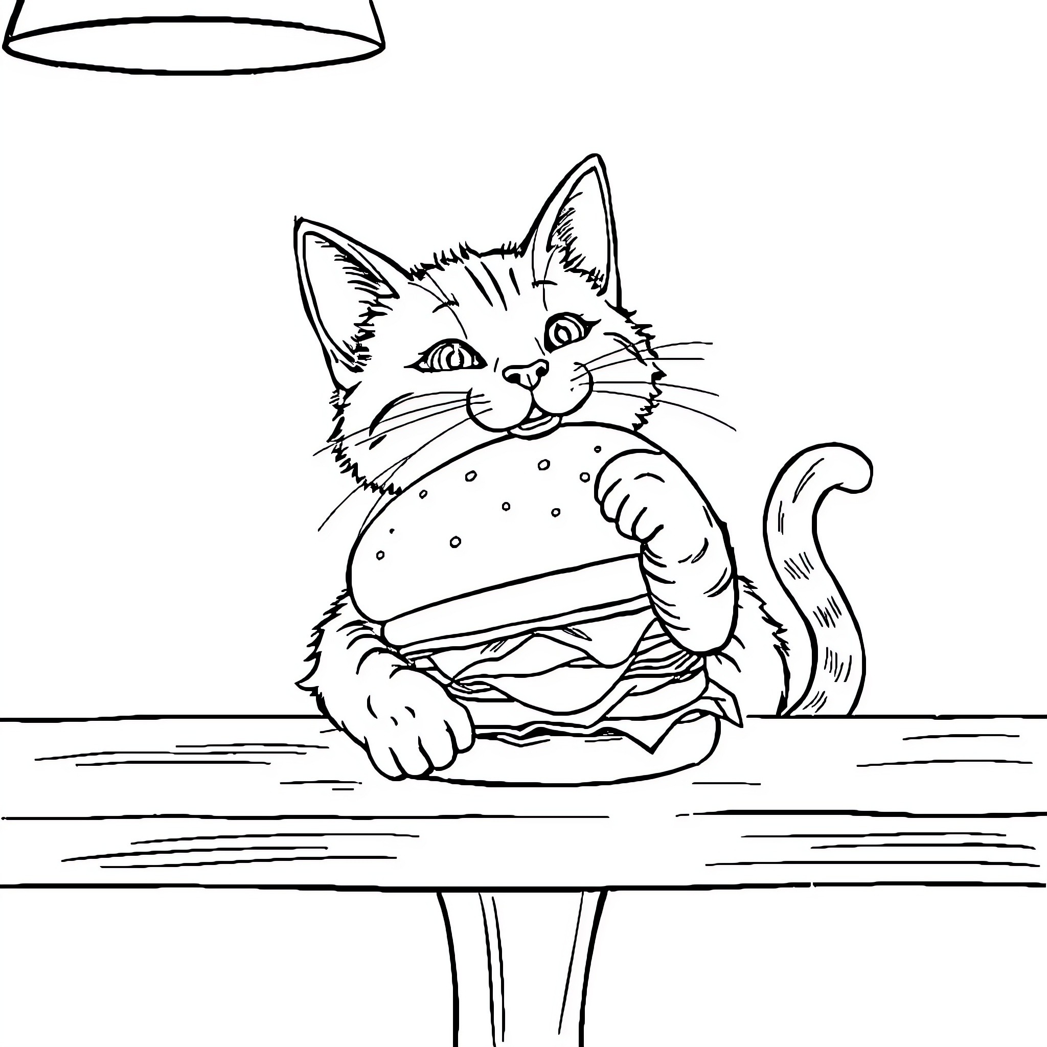 Cat enjoying a delicious hamburger Coloring Page (free black-and-white line drawing printable PDF for all, from beginners to advanced learners, including children, teens, adults, and seniors)