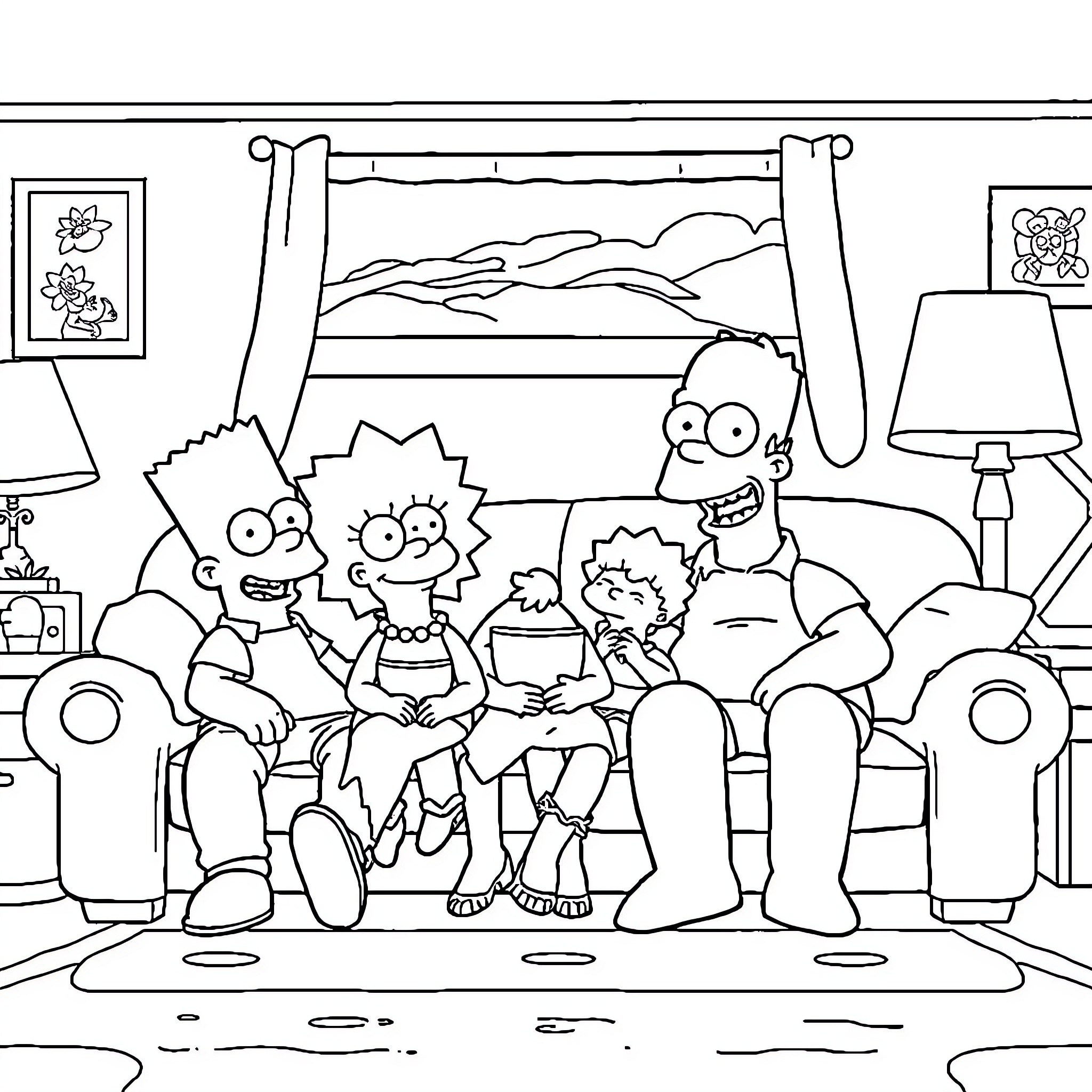 Simpson family relaxing together in living room Coloring Page (free black-and-white line drawing printable PDF for all, from beginners to advanced learners, including children, teens, adults, and seniors)