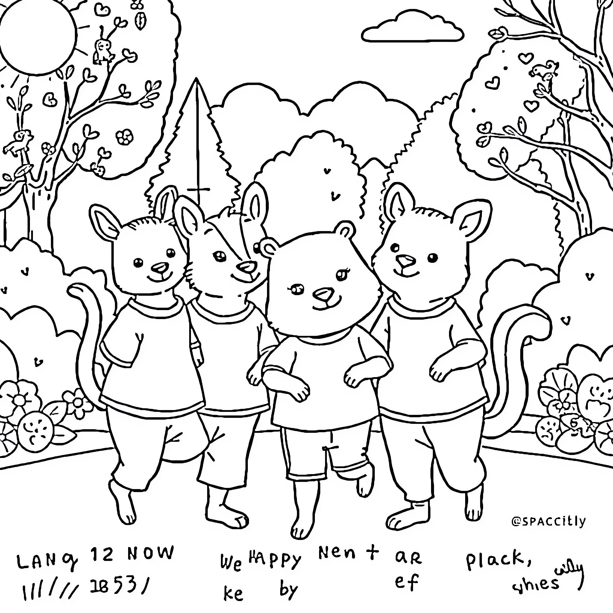 Animal friends playing in the park Coloring Page (free black-and-white line drawing printable PDF for all, from beginners to advanced learners, including children, teens, adults, and seniors)