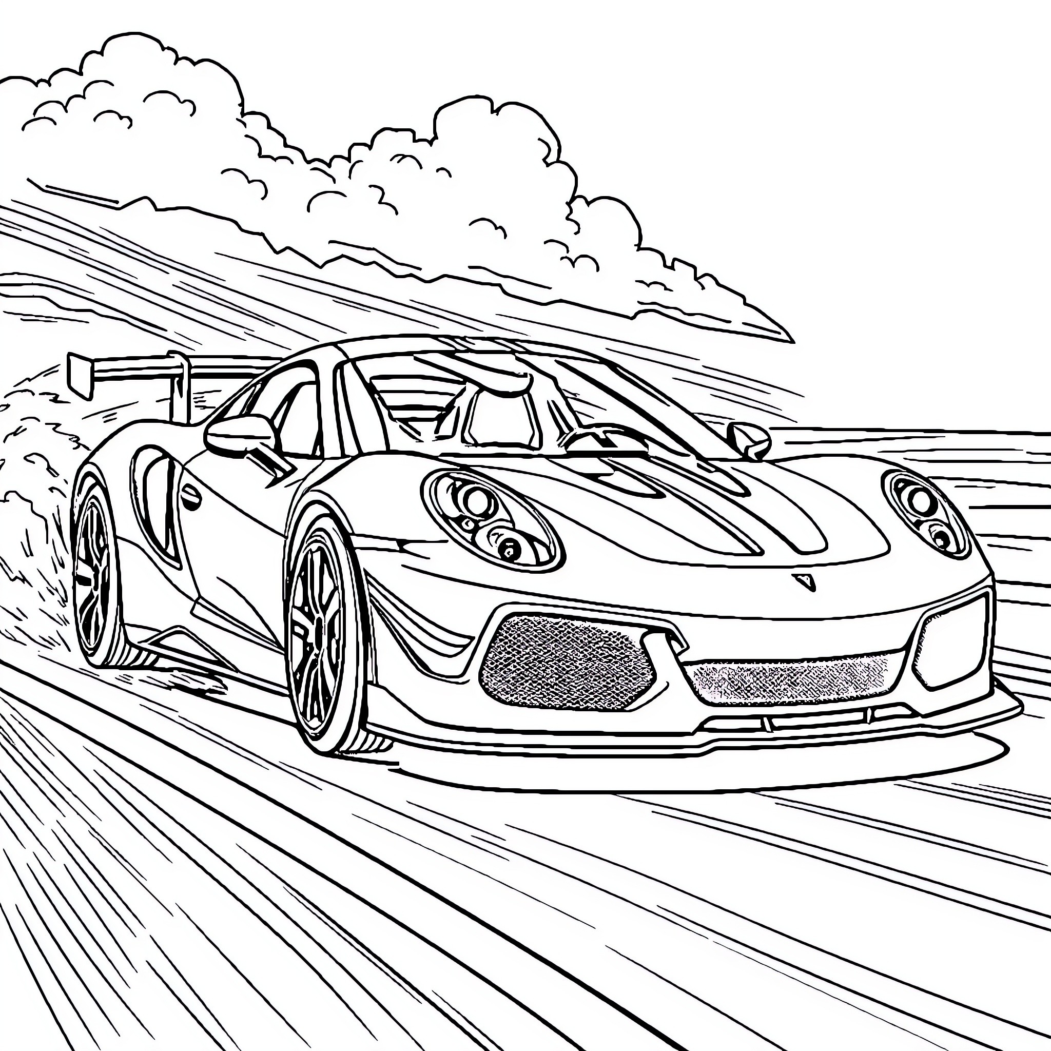 Race Car Speeding on Track with Cloudy Sky Coloring Page (free black-and-white line drawing printable PDF for all, from beginners to advanced learners, including children, teens, adults, and seniors)