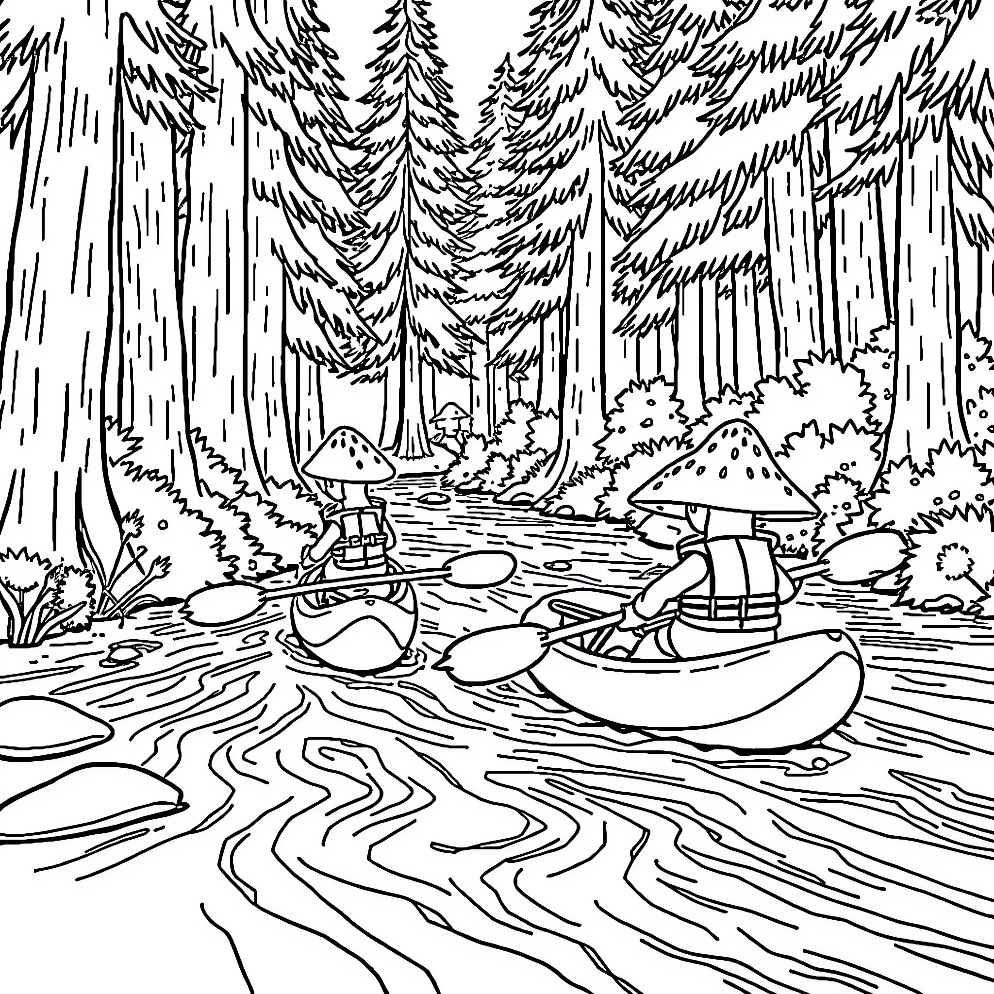 Mushroom Hikers Exploring Tranquil Forest Coloring Page (free black-and-white line drawing printable PDF for all, from beginners to advanced learners, including children, teens, adults, and seniors)