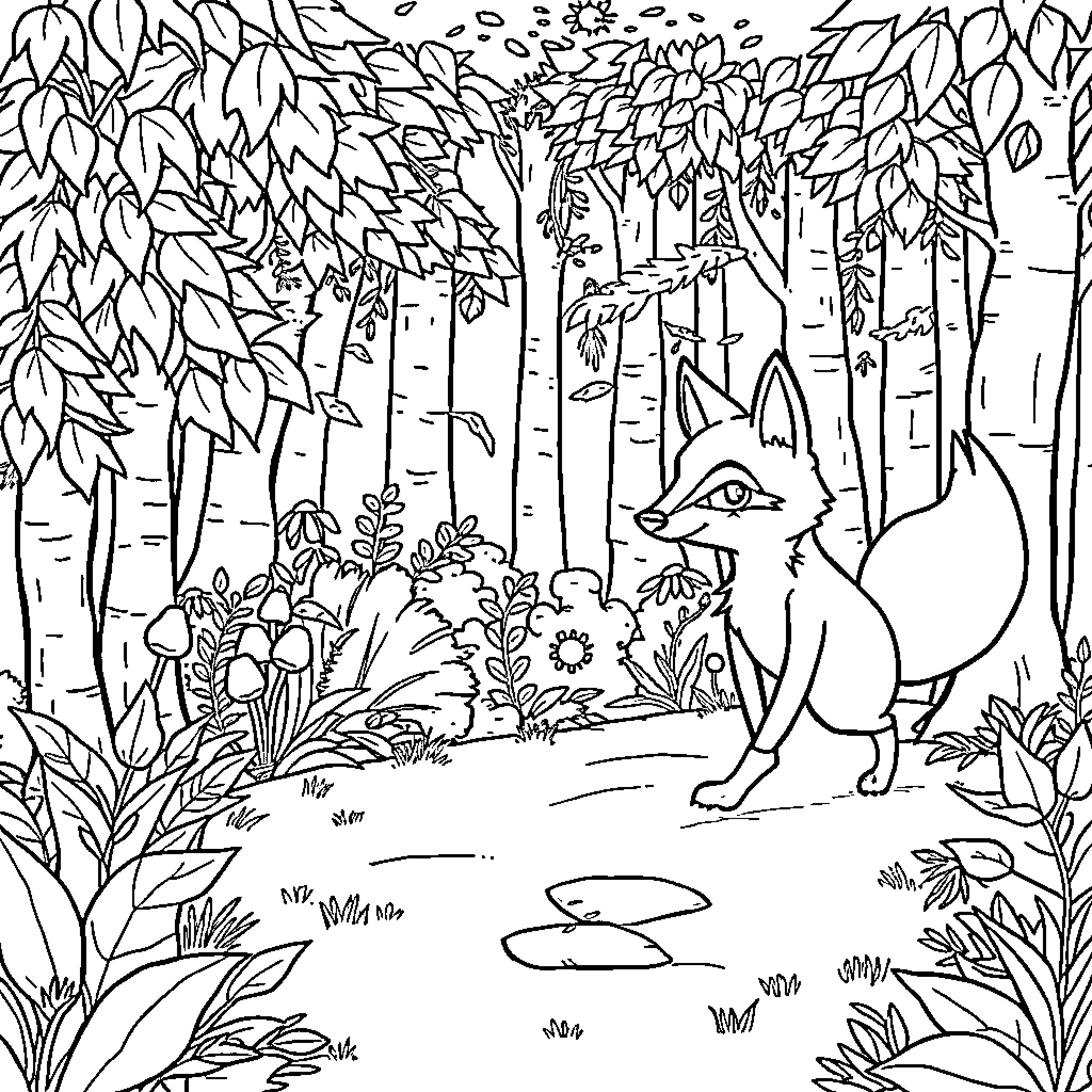 Fox exploring the enchanted forest Coloring Page (free black-and-white line drawing printable PDF for all, from beginners to advanced learners, including children, teens, adults, and seniors)
