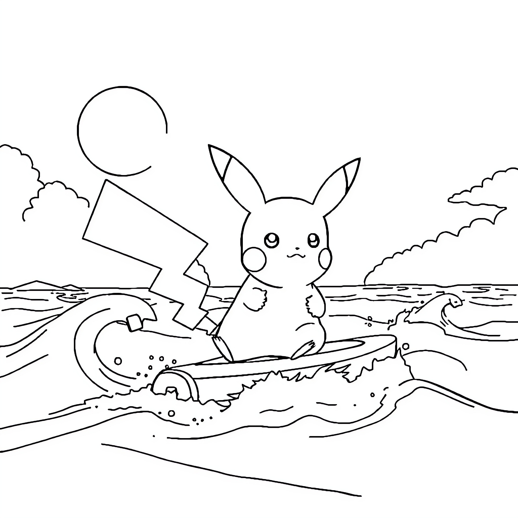 Pikachu enjoying a day at the beach Coloring Page (free black-and-white line drawing printable PDF for all, from beginners to advanced learners, including children, teens, adults, and seniors)