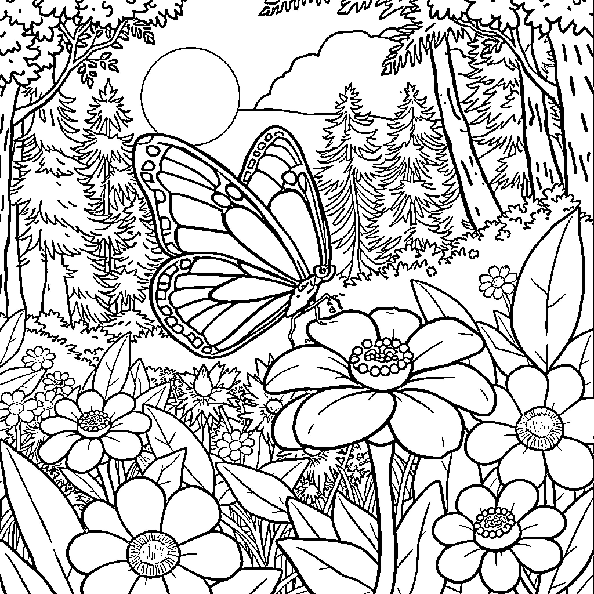 Butterfly in the Enchanting Forest Coloring Page (free black-and-white line drawing printable PDF for all, from beginners to advanced learners, including children, teens, adults, and seniors)