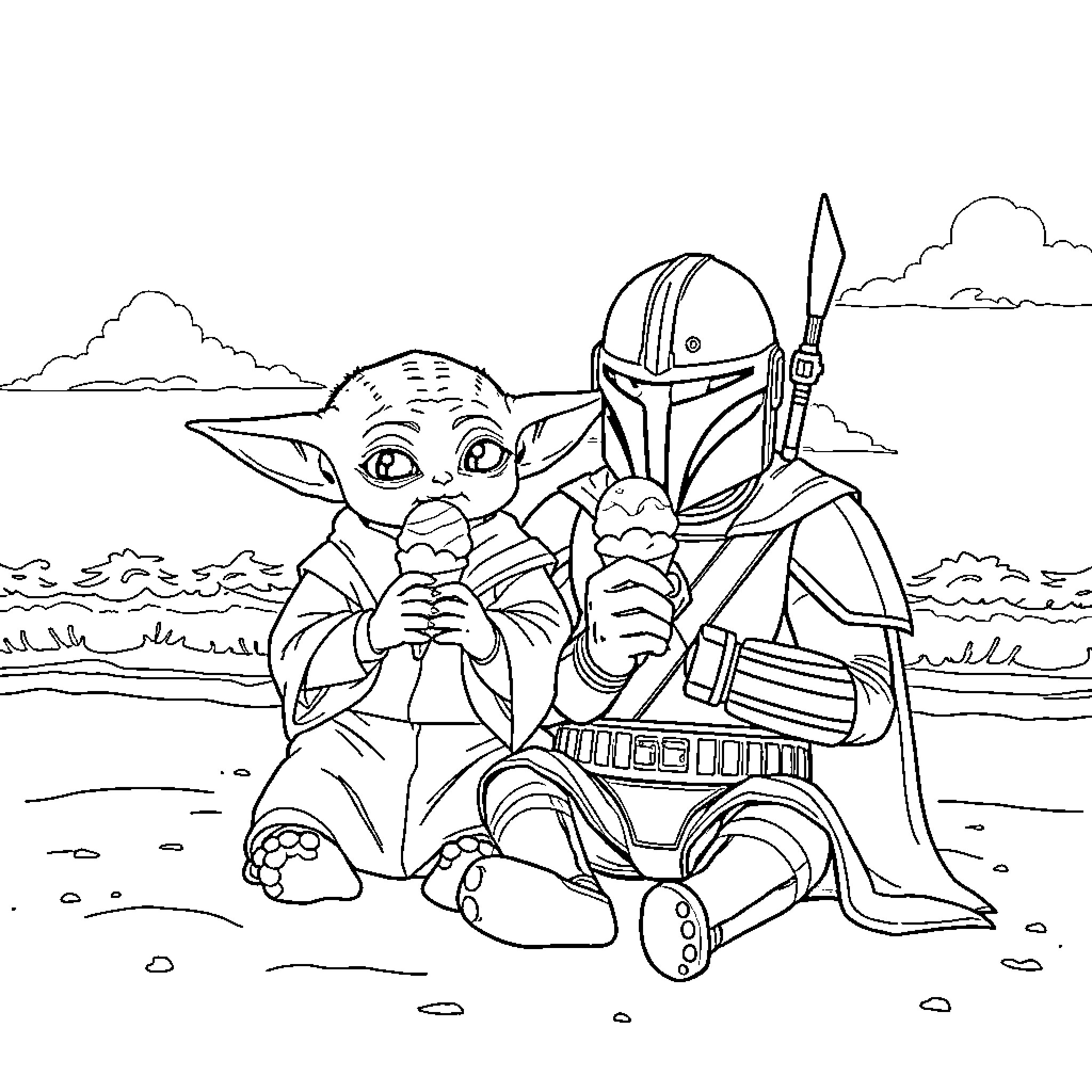 Baby Yoda Meets Mandalorian Warrior Coloring Page (free black-and-white line drawing printable PDF for all, from beginners to advanced learners, including children, teens, adults, and seniors)