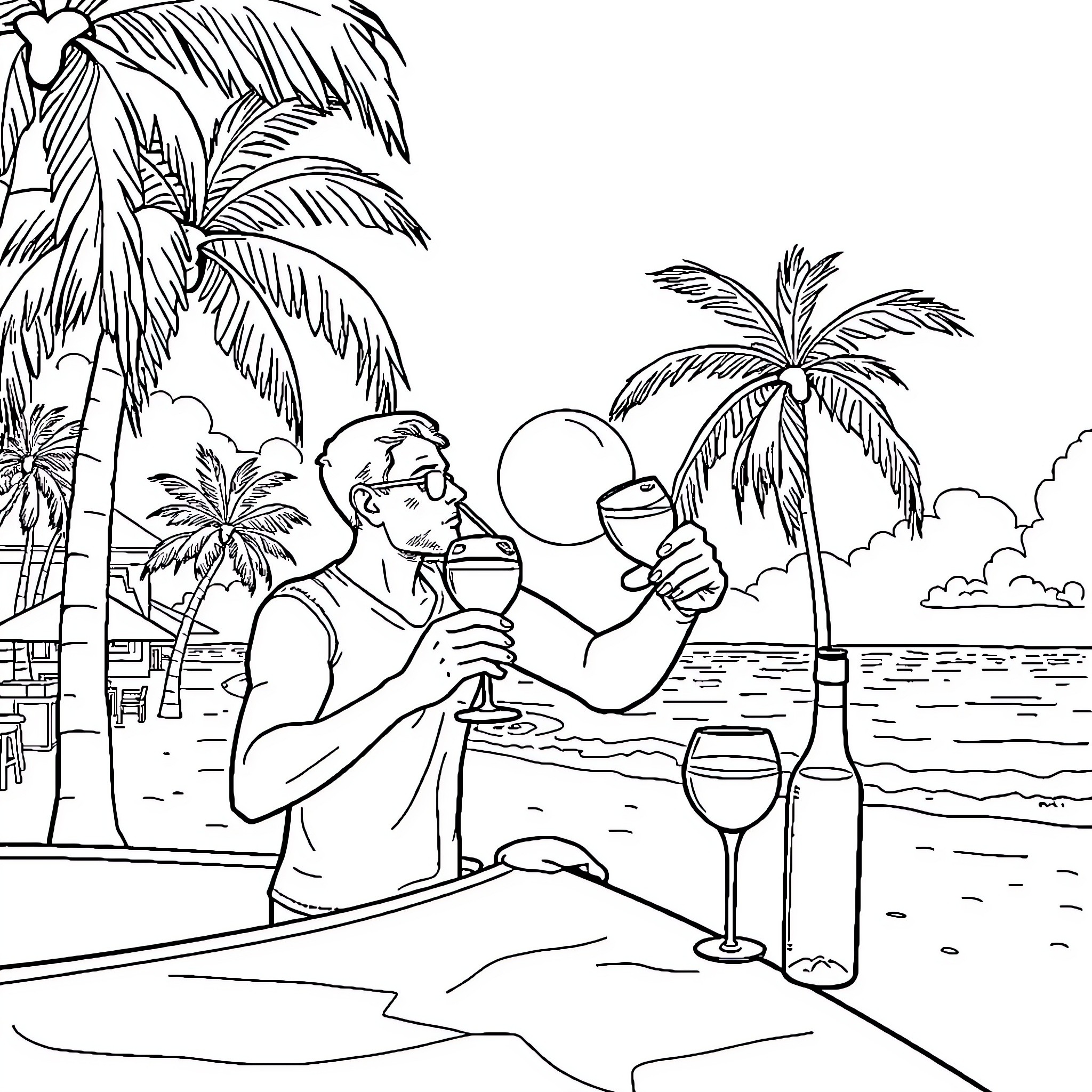 Barman preparing tropical cocktails on the beach Coloring Page (free black-and-white line drawing printable PDF for all, from beginners to advanced learners, including children, teens, adults, and seniors)