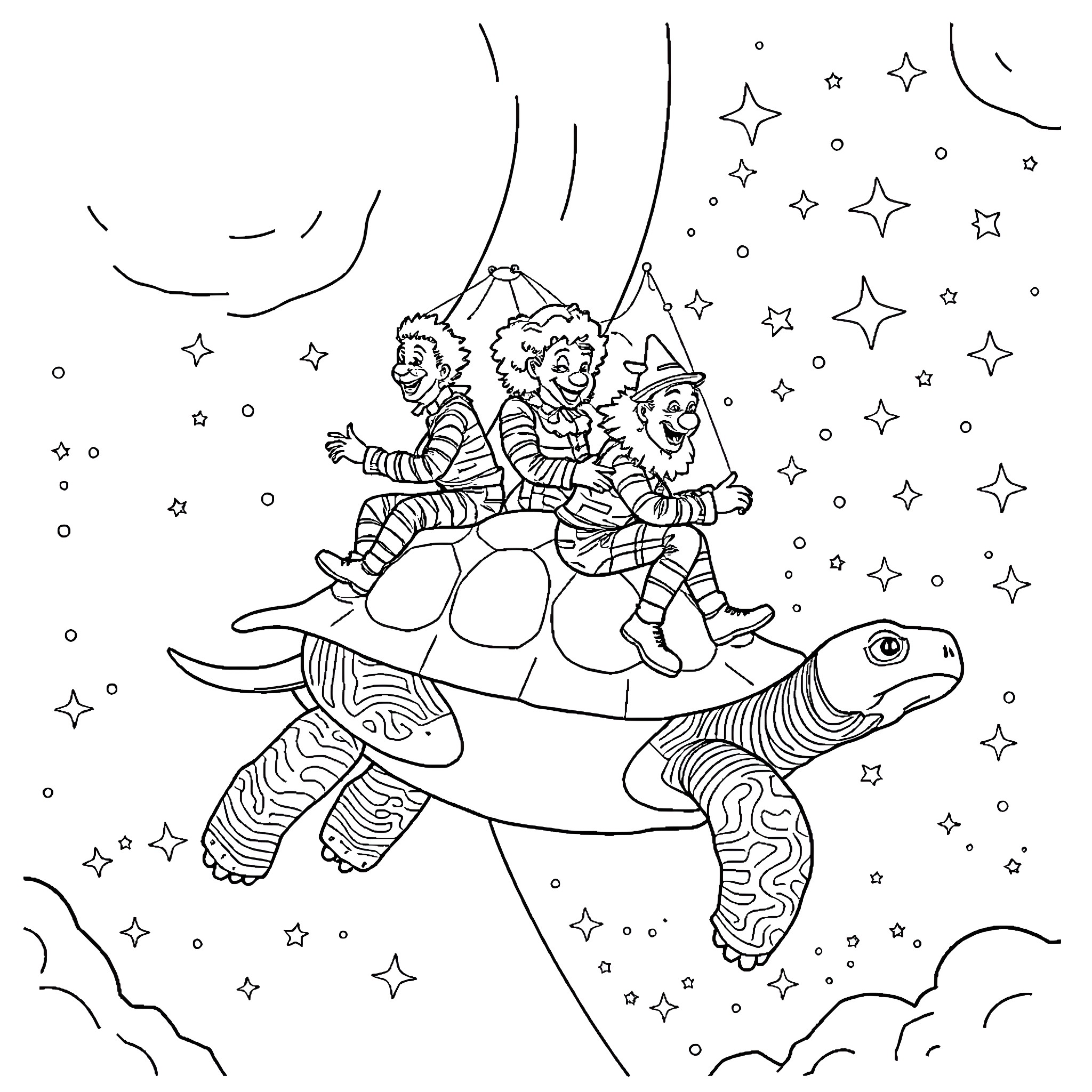Clowns riding a magical turtle through the starry sky Coloring Page (free black-and-white line drawing printable PDF for all, from beginners to advanced learners, including children, teens, adults, and seniors)
