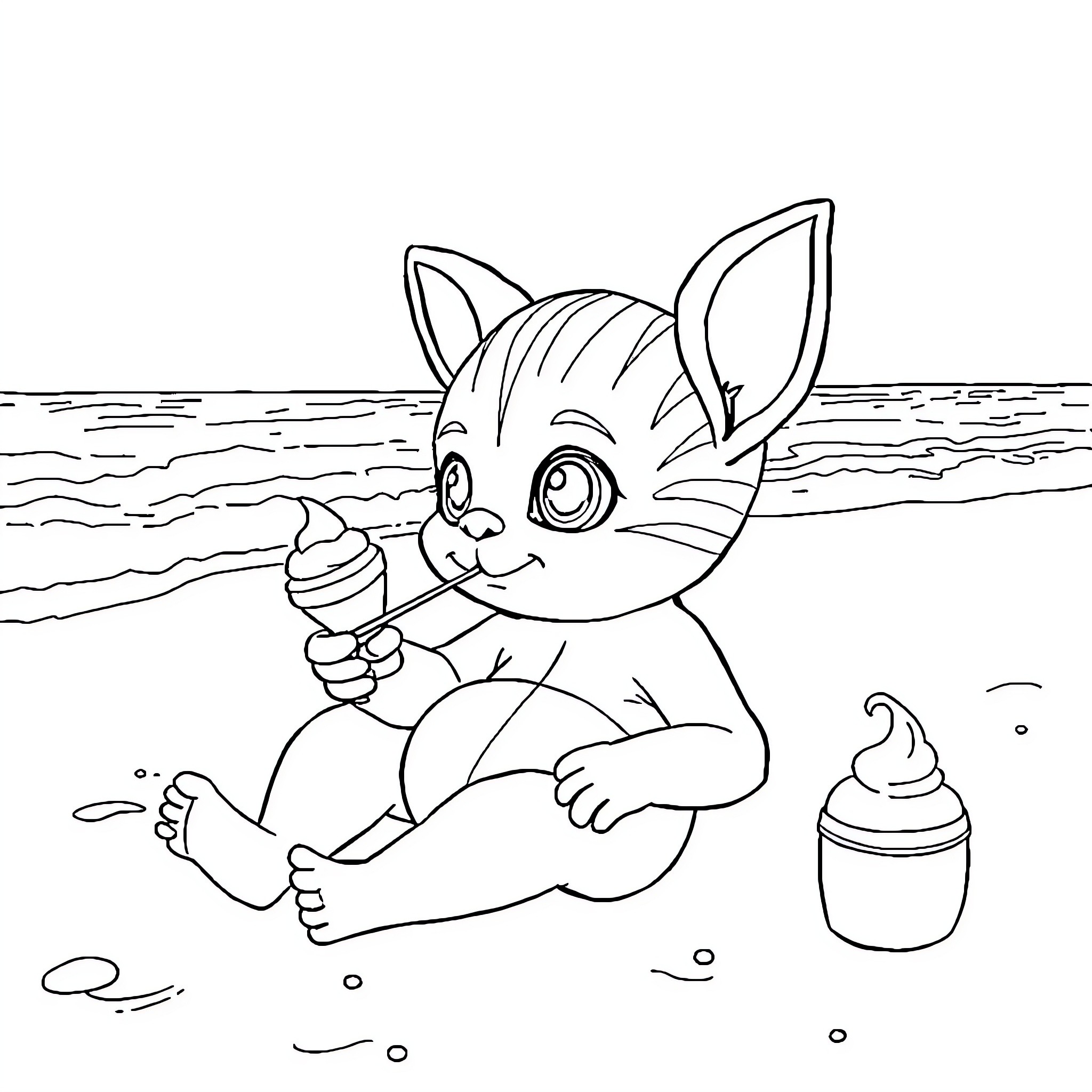Yoda-like creature enjoying ice cream on the beach Coloring Page (free black-and-white line drawing printable PDF for all, from beginners to advanced learners, including children, teens, adults, and seniors)