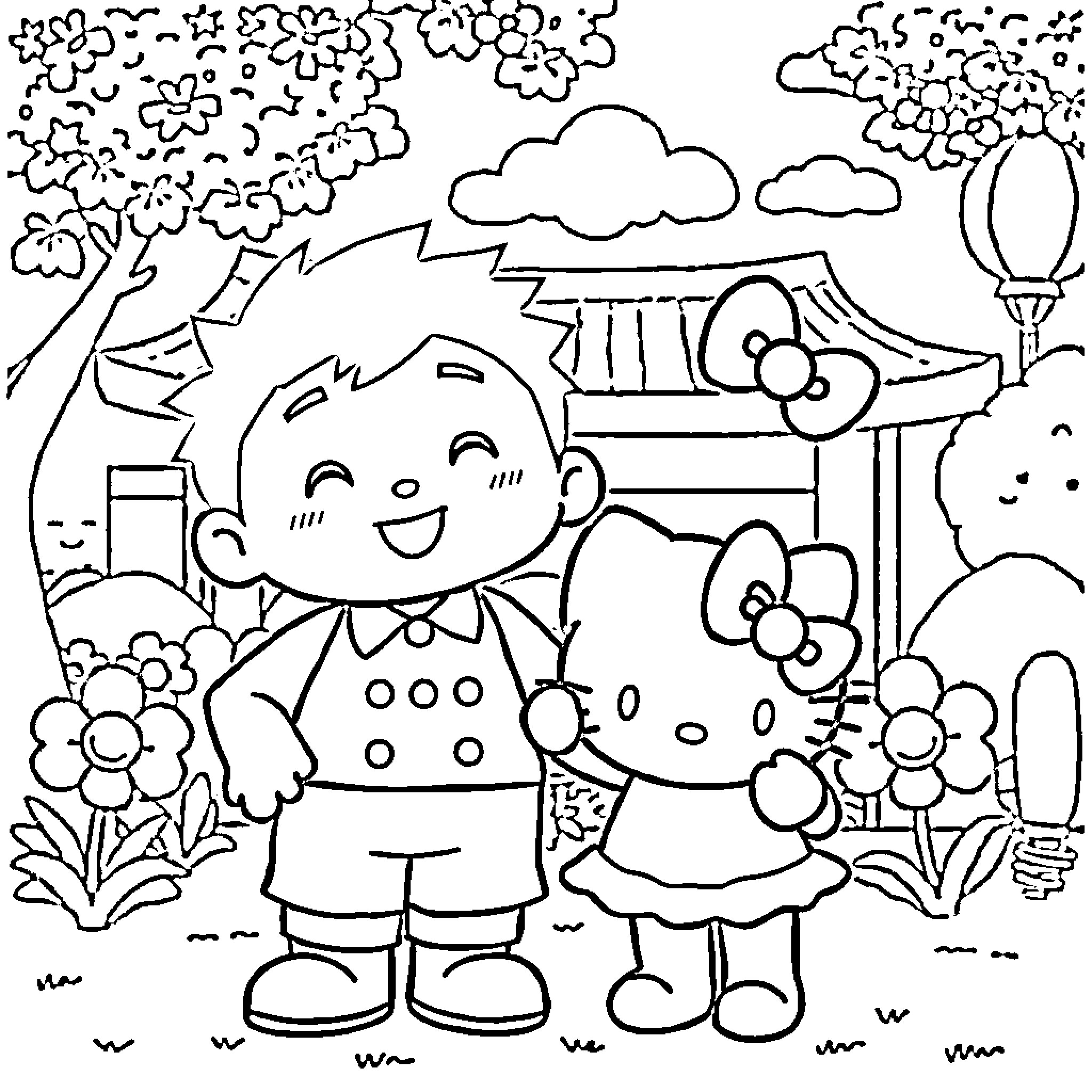 Tanjiro and Nezuko in a Cheerful Garden Scene Coloring Page (free black-and-white line drawing printable PDF for all, from beginners to advanced learners, including children, teens, adults, and seniors)