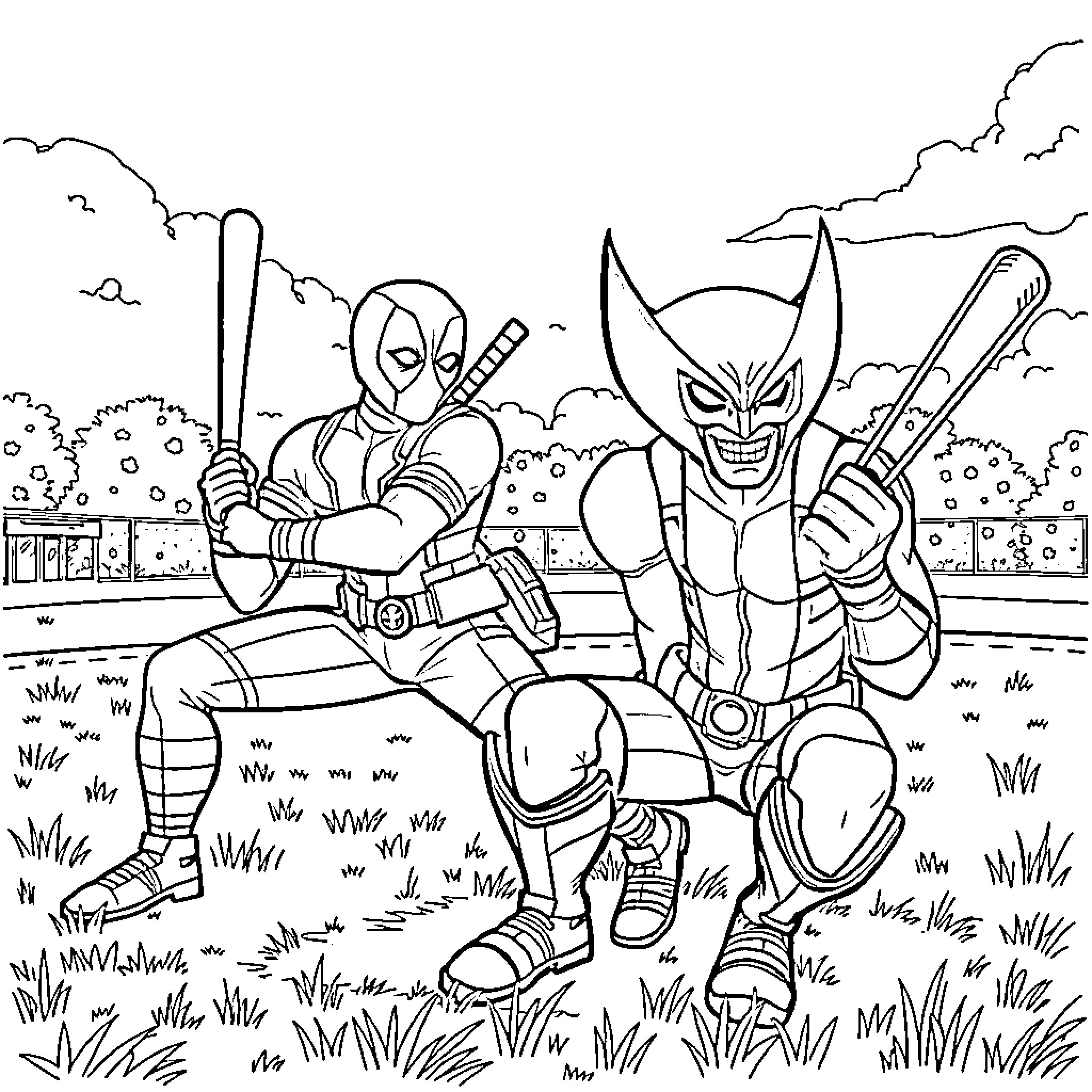 Deadpool and Wolverine battle in the field Coloring Page (free black-and-white line drawing printable PDF for all, from beginners to advanced learners, including children, teens, adults, and seniors)