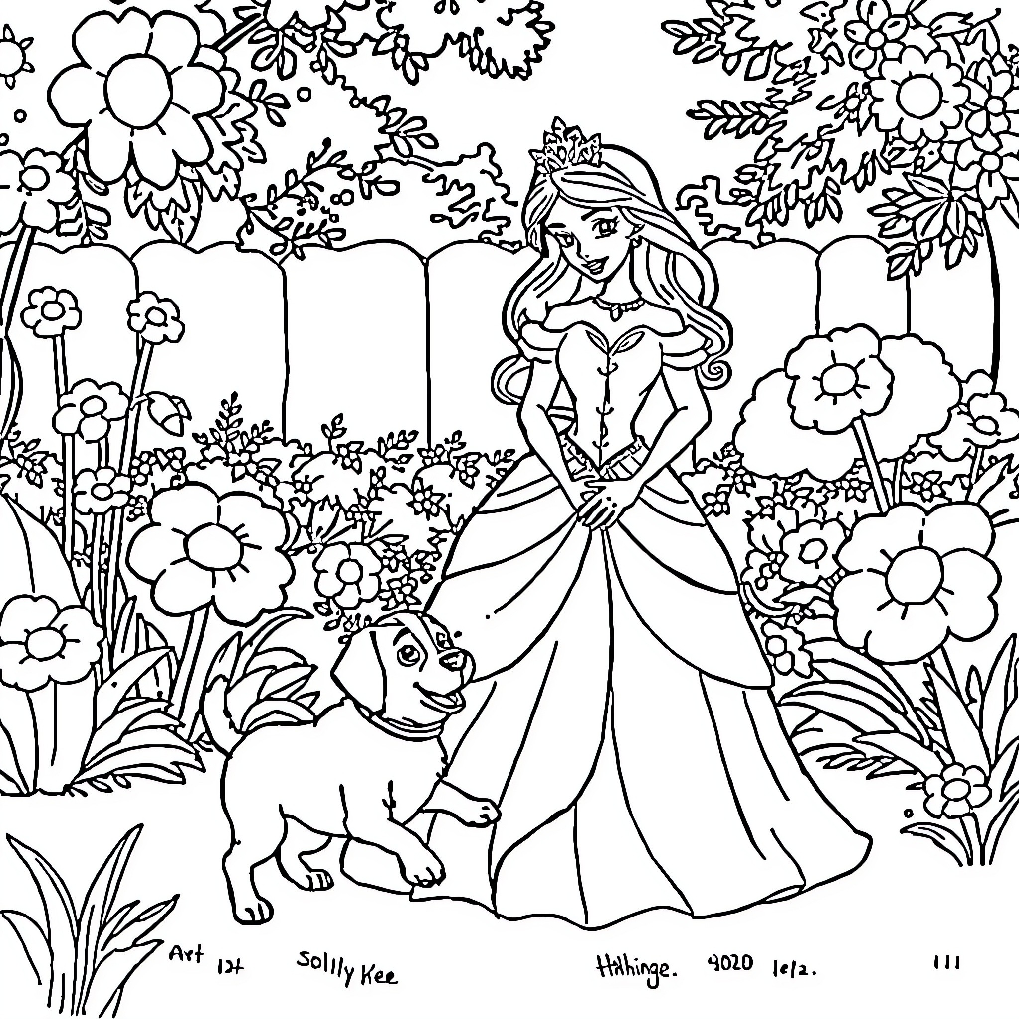 Princess exploring a magical garden with her animal friend Coloring Page (free black-and-white line drawing printable PDF for all, from beginners to advanced learners, including children, teens, adults, and seniors)