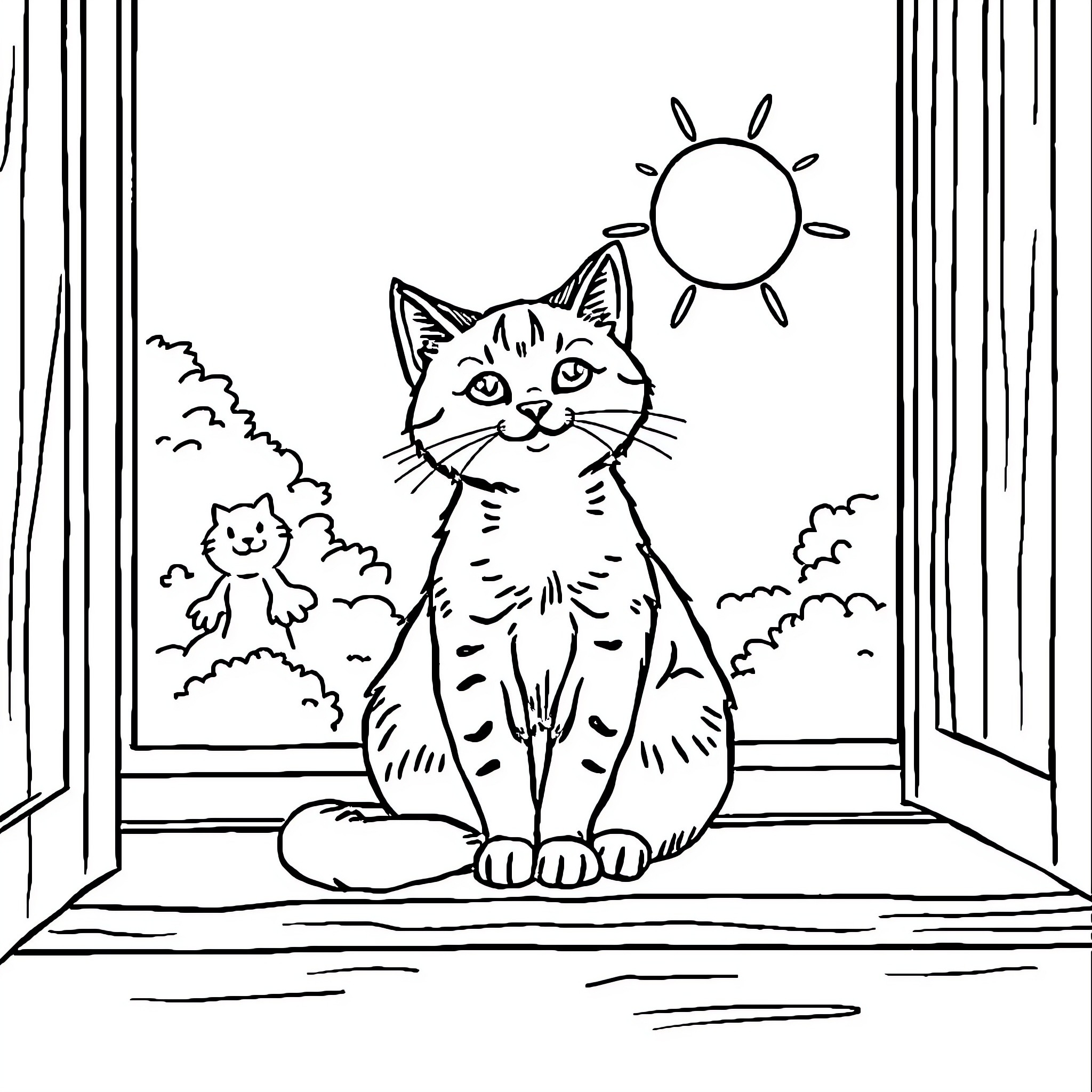 Cat watching the sun through window Coloring Page (free black-and-white line drawing printable PDF for all, from beginners to advanced learners, including children, teens, adults, and seniors)
