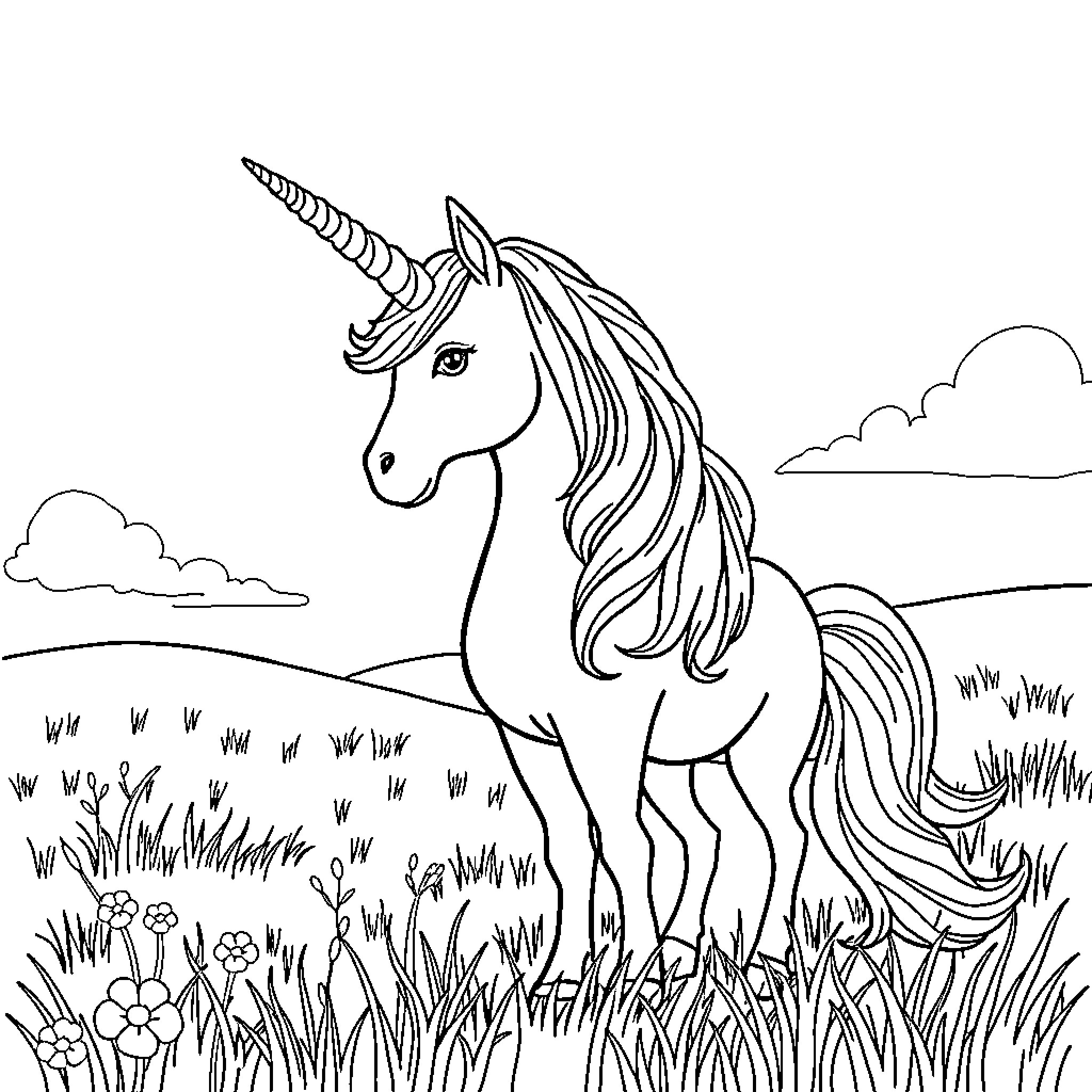 Unicorn standing in a grassy field Coloring Page (free black-and-white line drawing printable PDF for all, from beginners to advanced learners, including children, teens, adults, and seniors)