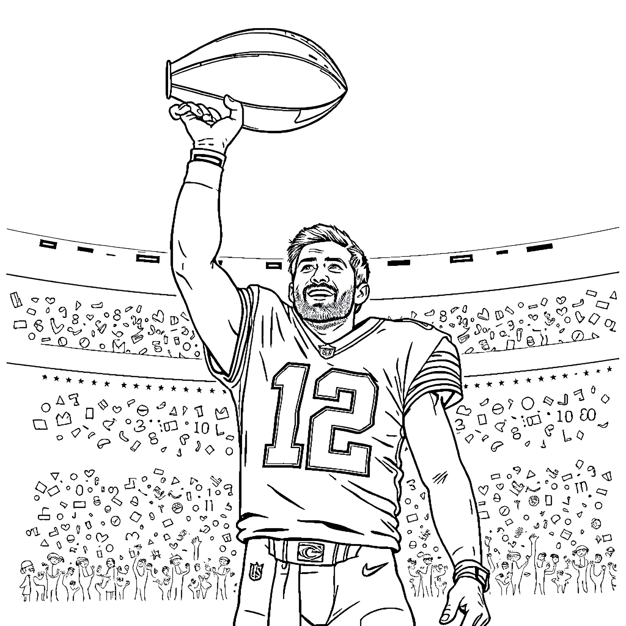 Matt Ryan celebrating touchdown in stadium Coloring Page (free black-and-white line drawing printable PDF for all, from beginners to advanced learners, including children, teens, adults, and seniors)