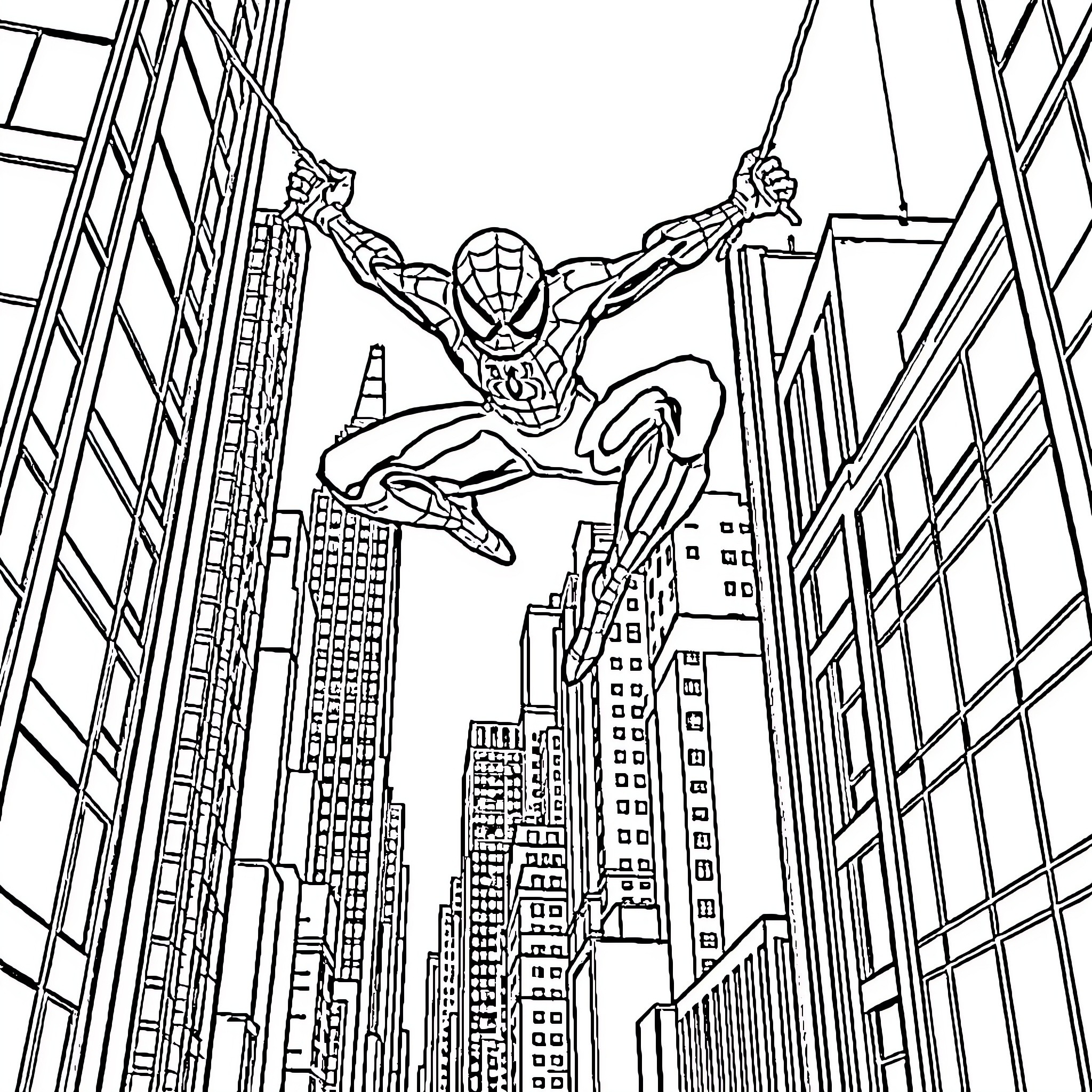 Spiderman swinging through the city skyline Coloring Page (free black-and-white line drawing printable PDF for all, from beginners to advanced learners, including children, teens, adults, and seniors)