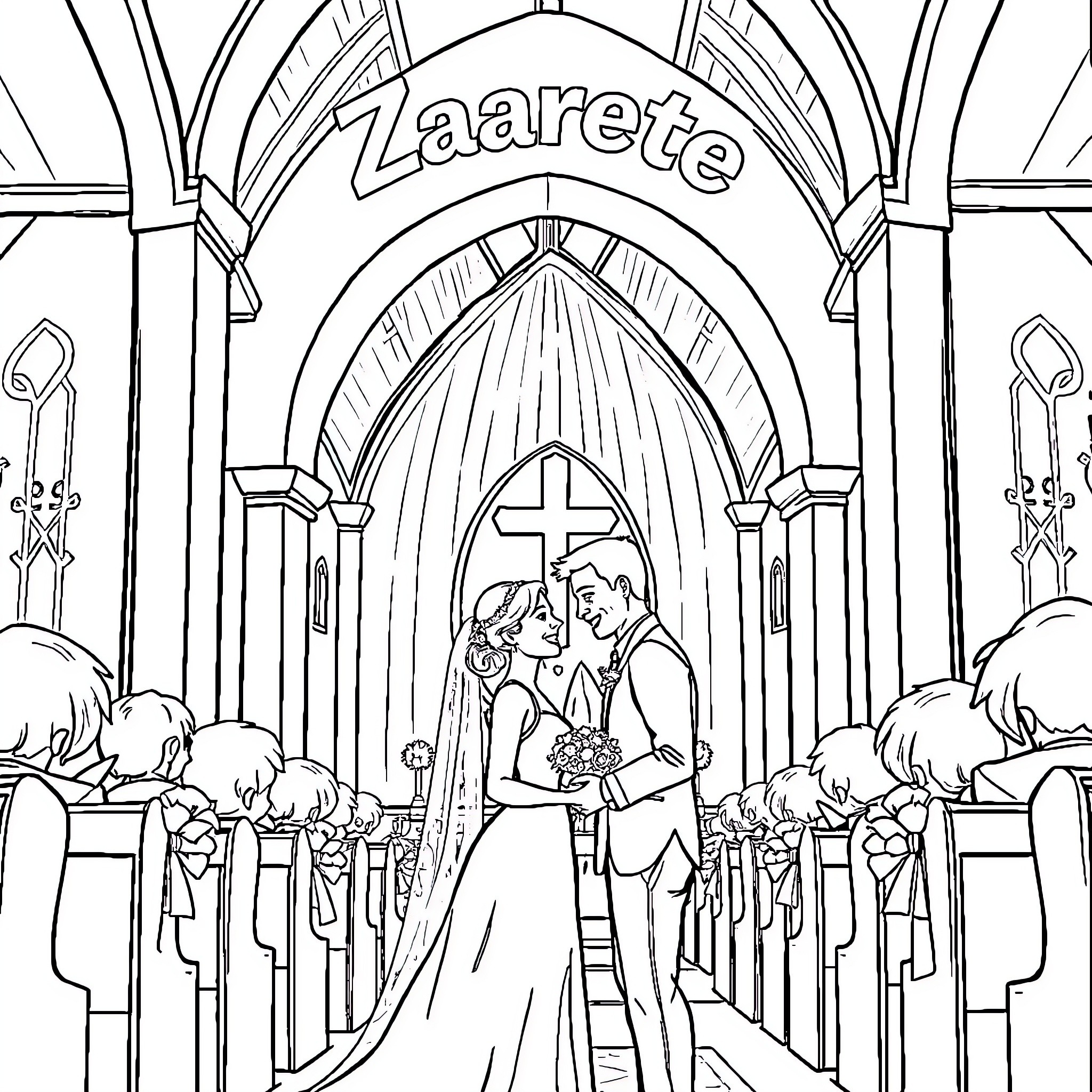 Wedding ceremony in a church Coloring Page (free black-and-white line drawing printable PDF for all, from beginners to advanced learners, including children, teens, adults, and seniors)