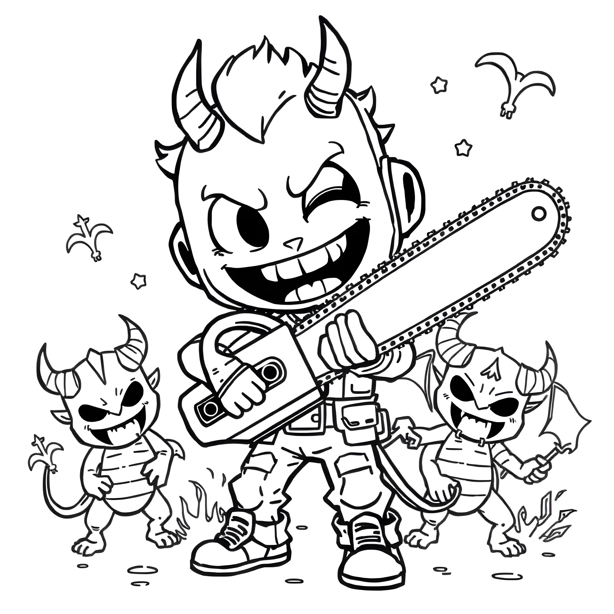 Chainsaw Man and his Monstrous Companions Coloring Page (free black-and-white line drawing printable PDF for all, from beginners to advanced learners, including children, teens, adults, and seniors)