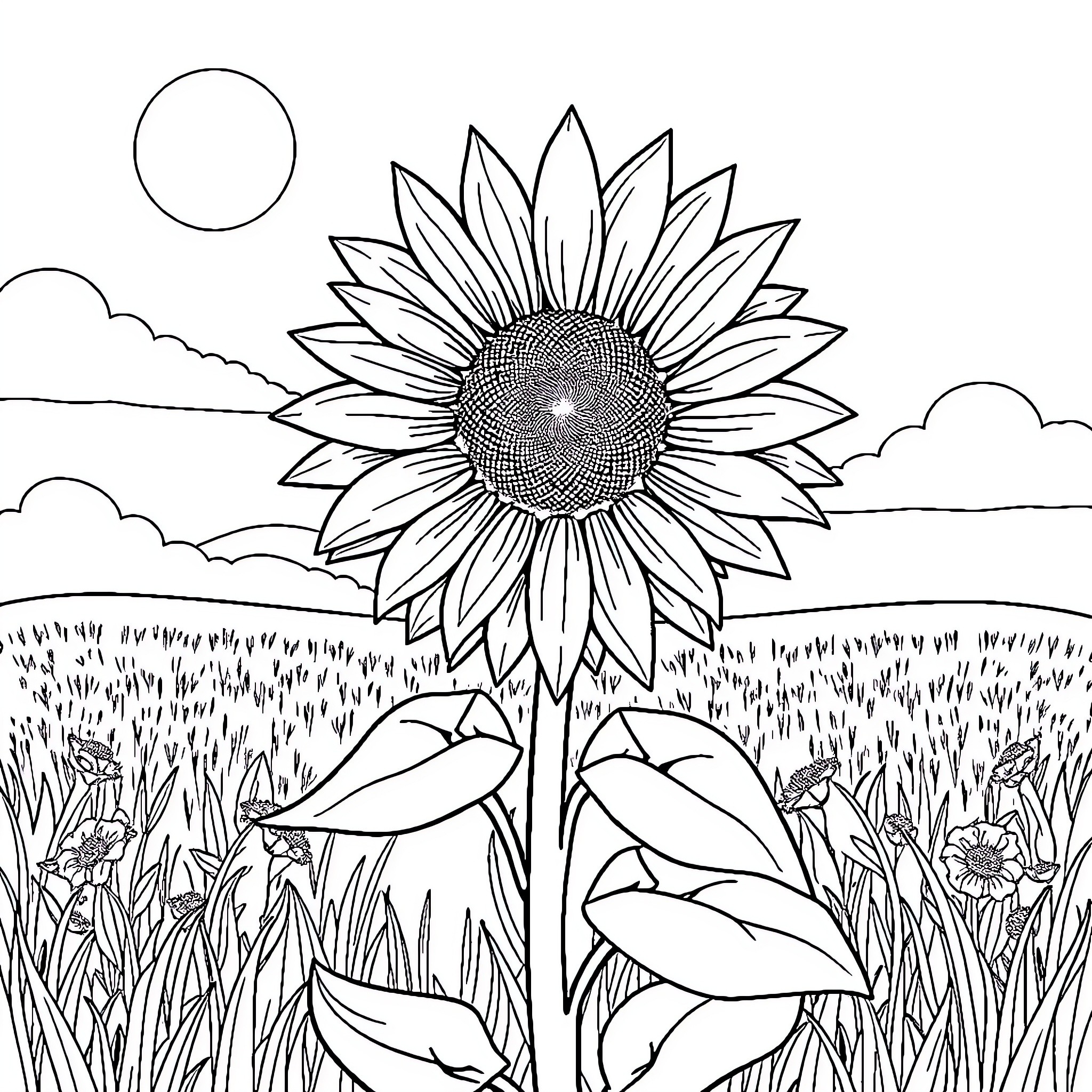Sunflower blooming in serene countryside landscape Coloring Page (free black-and-white line drawing printable PDF for all, from beginners to advanced learners, including children, teens, adults, and seniors)