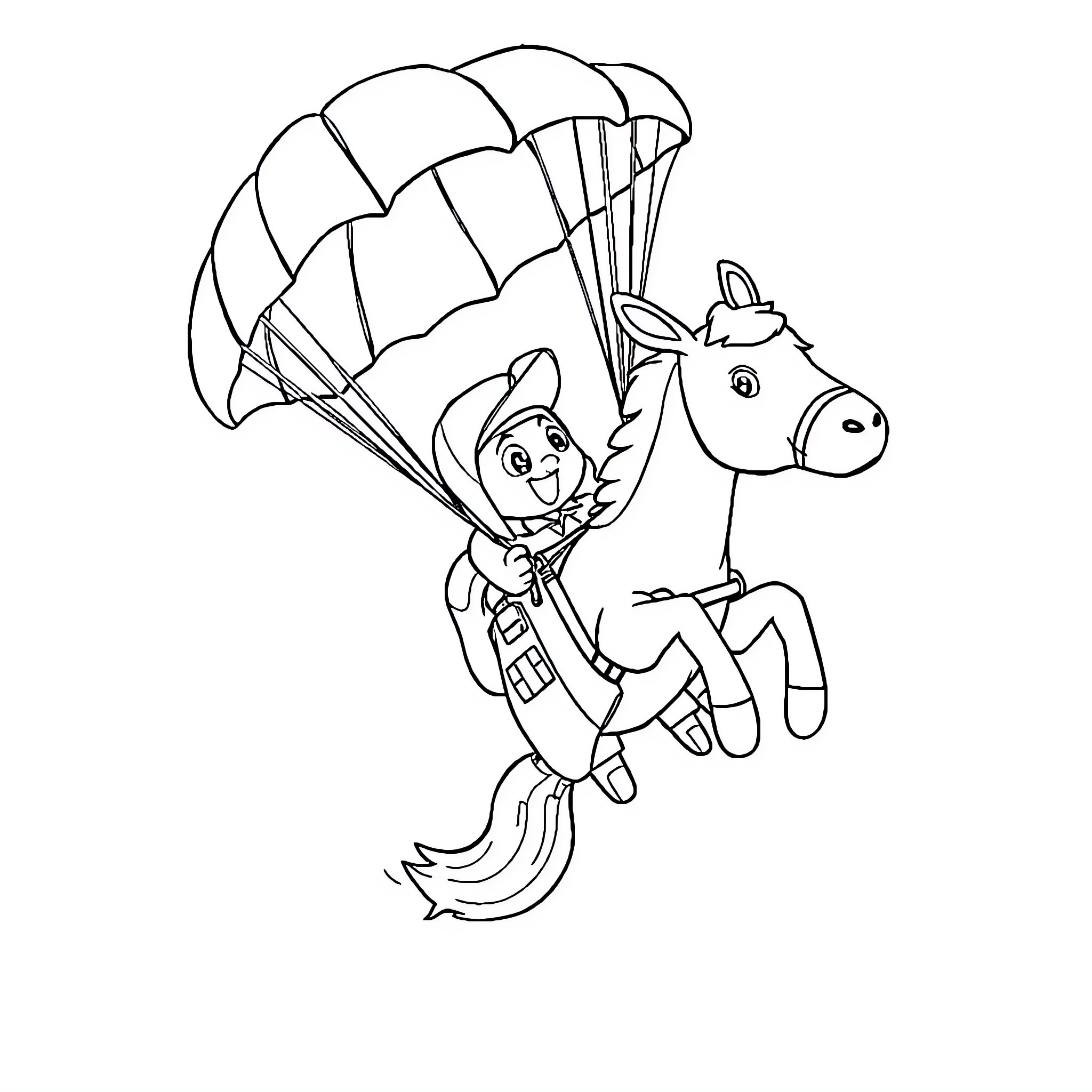 Bluey skydiving with friends on a parachute Coloring Page (free black-and-white line drawing printable PDF for all, from beginners to advanced learners, including children, teens, adults, and seniors)