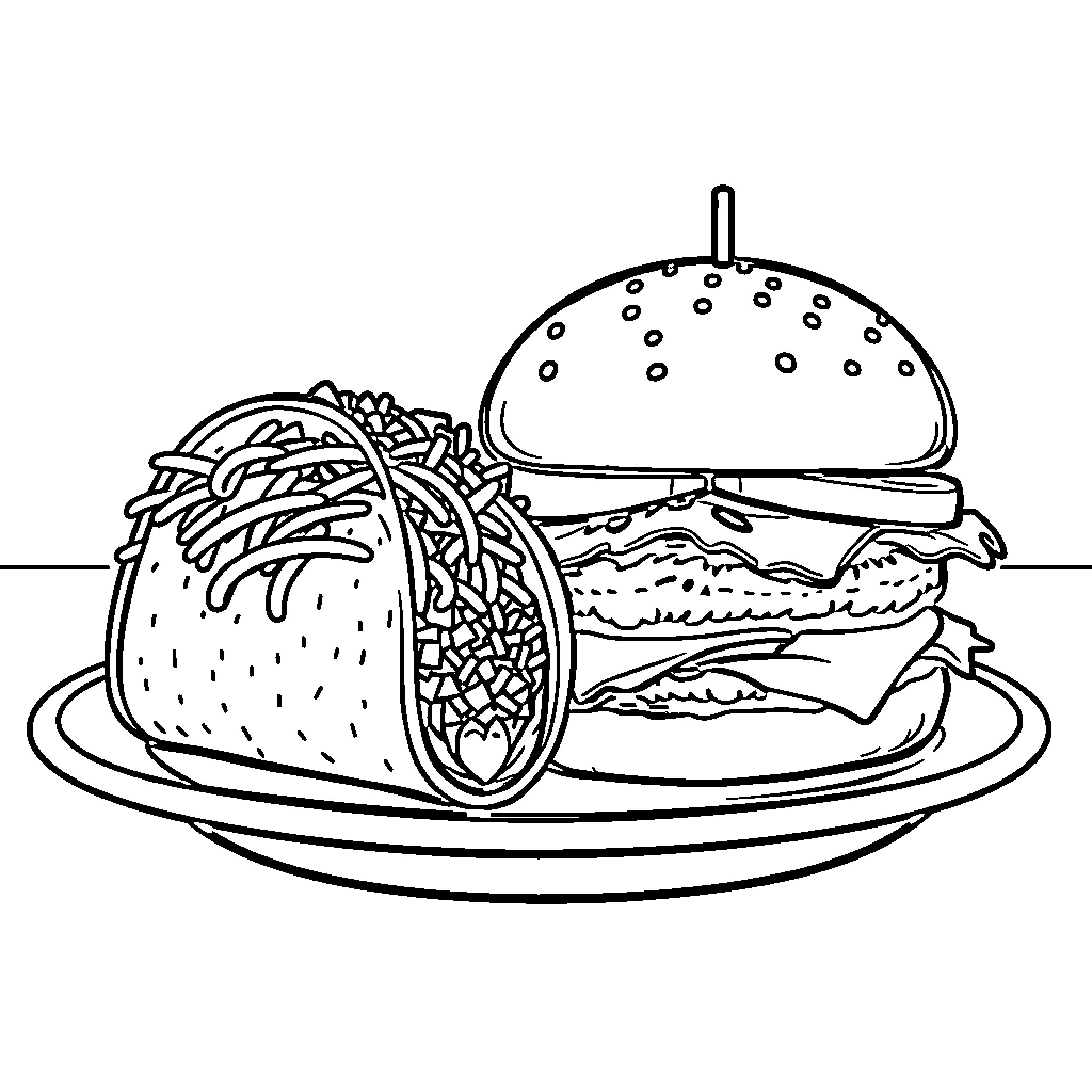 Taco Feast on Plate with Burger Coloring Page (free black-and-white line drawing printable PDF for all, from beginners to advanced learners, including children, teens, adults, and seniors)