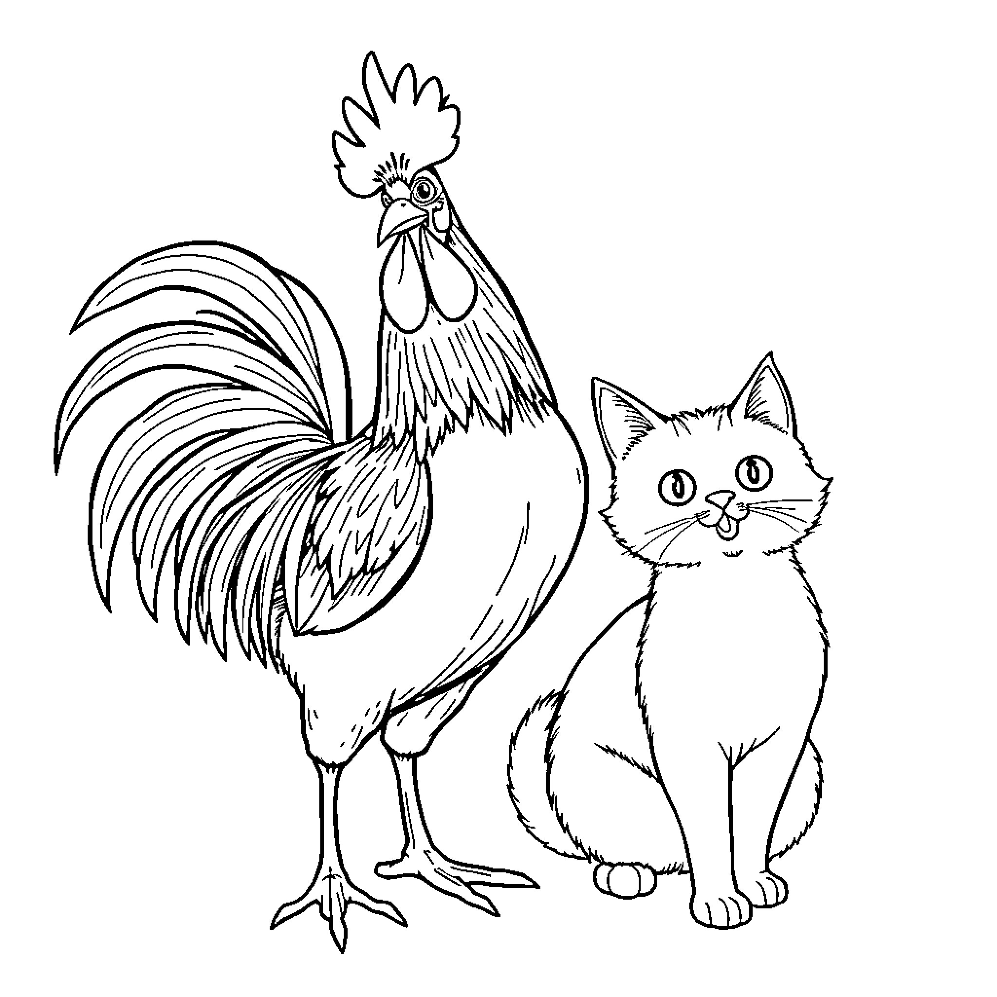 Rooster and Kitten in Monochrome Illustration Coloring Page (free black-and-white line drawing printable PDF for all, from beginners to advanced learners, including children, teens, adults, and seniors)