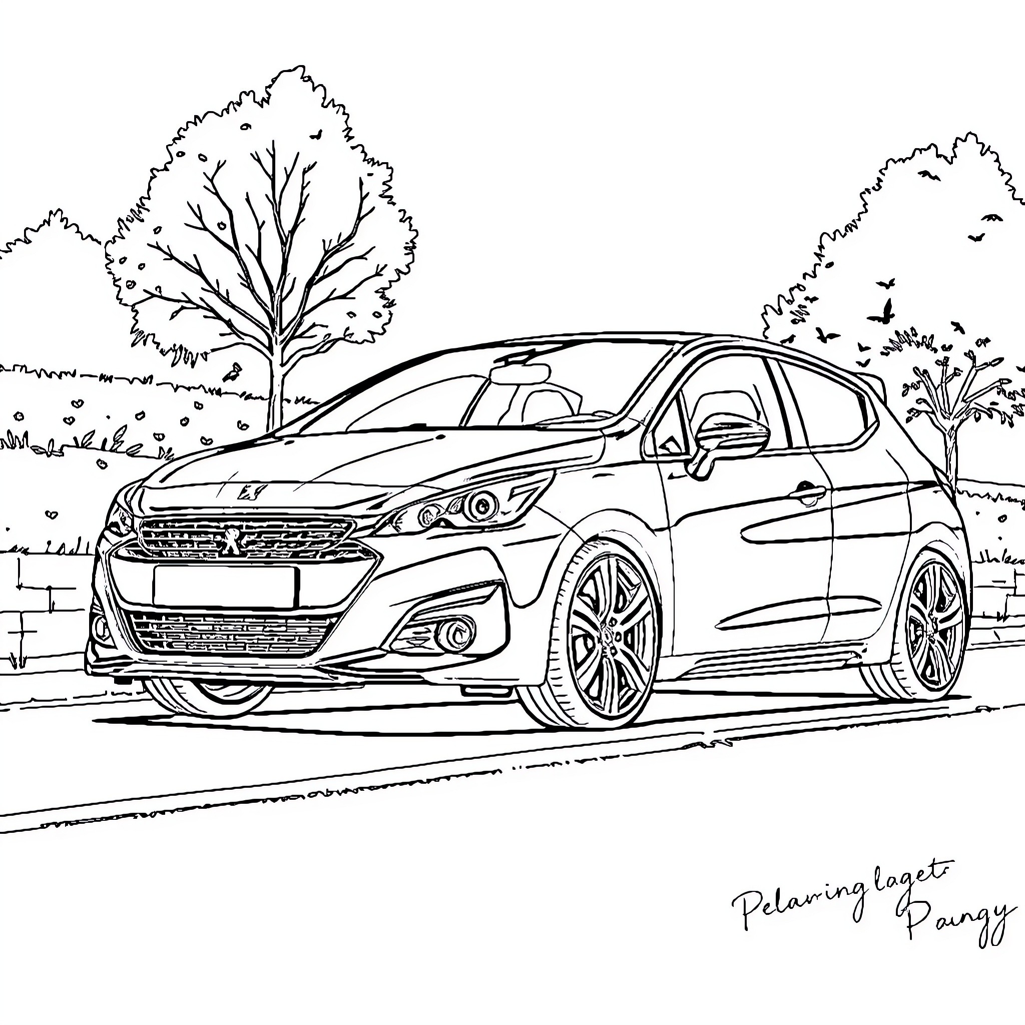 Peugeot Hatchback on Scenic Road Coloring Page (free black-and-white line drawing printable PDF for all, from beginners to advanced learners, including children, teens, adults, and seniors)