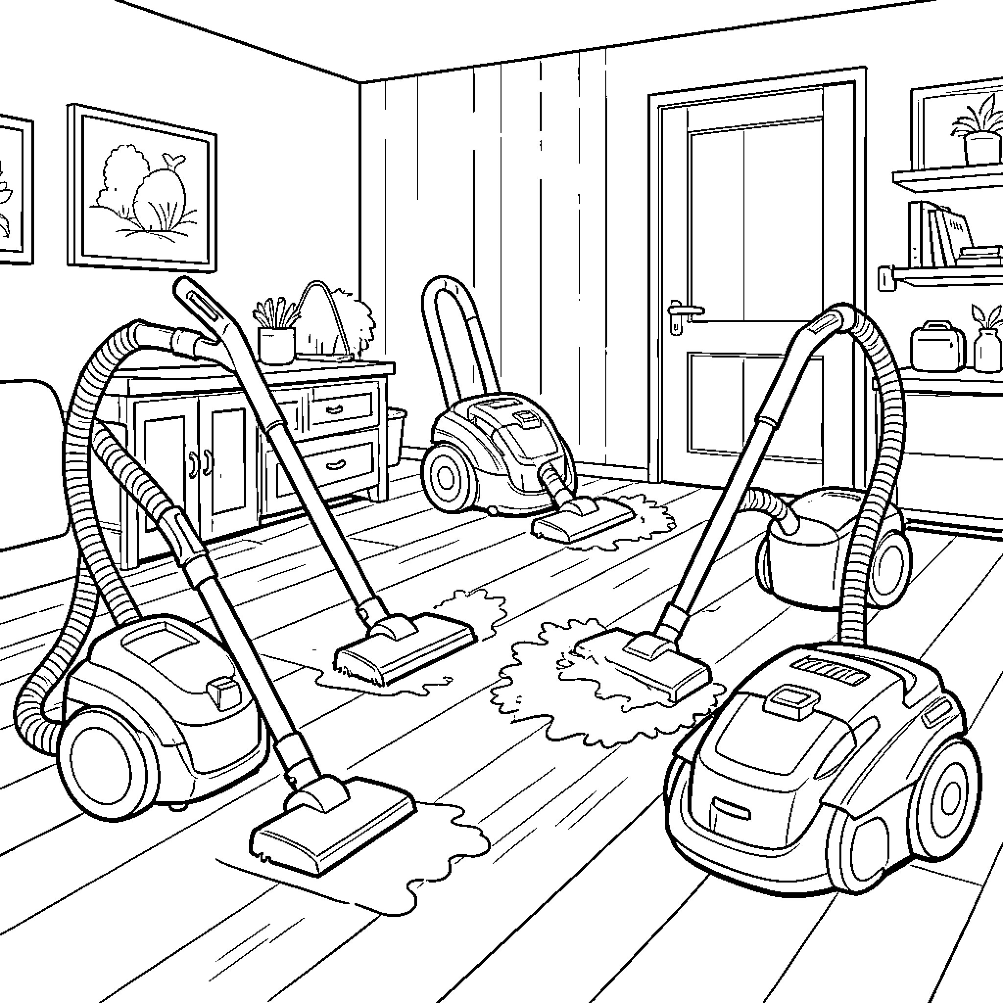 Vacuum Cleaner machines cleaning a living room floor Coloring Page (free black-and-white line drawing printable PDF for all, from beginners to advanced learners, including children, teens, adults, and seniors)