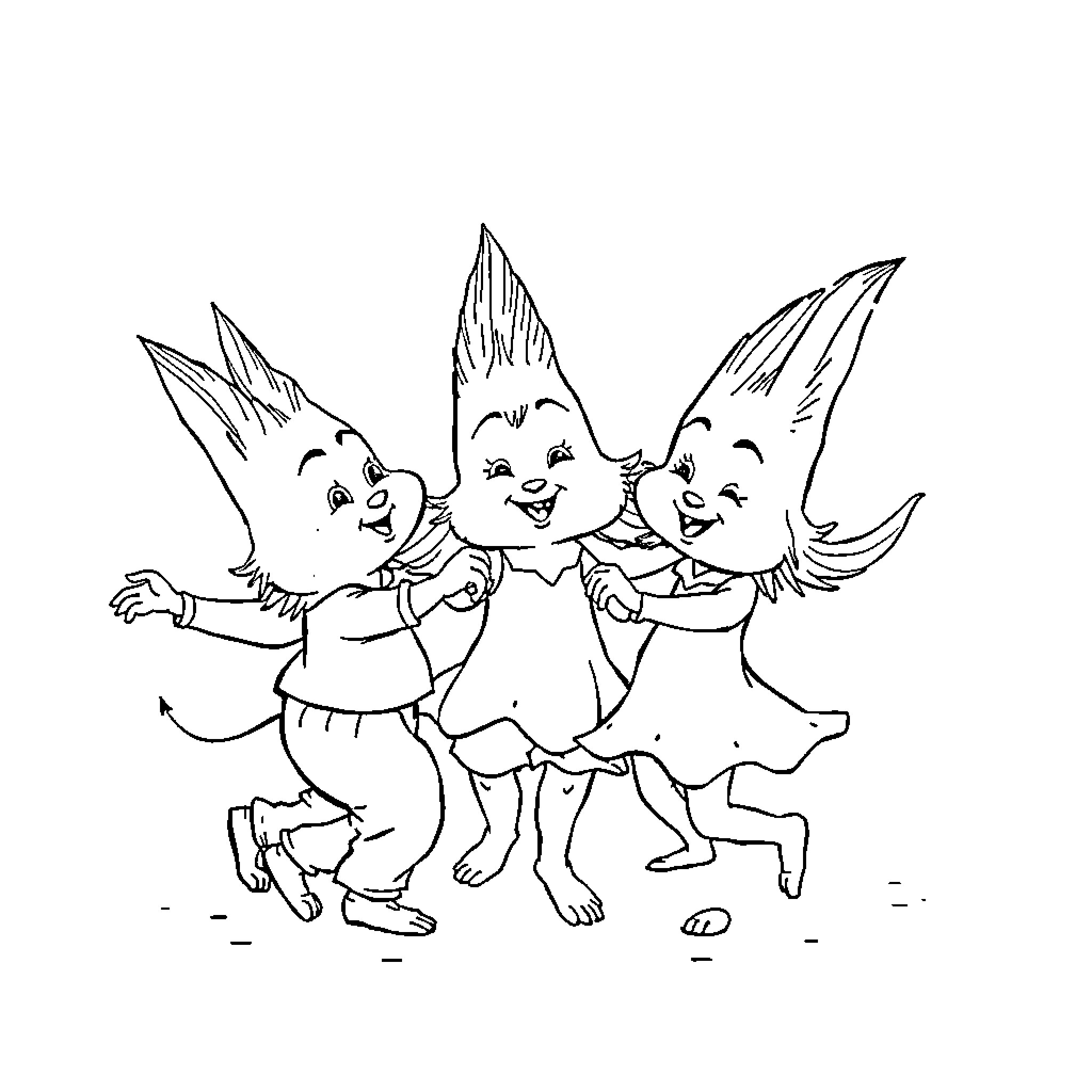 Sprunkies dancing and playing together Coloring Page (free black-and-white line drawing printable PDF for all, from beginners to advanced learners, including children, teens, adults, and seniors)