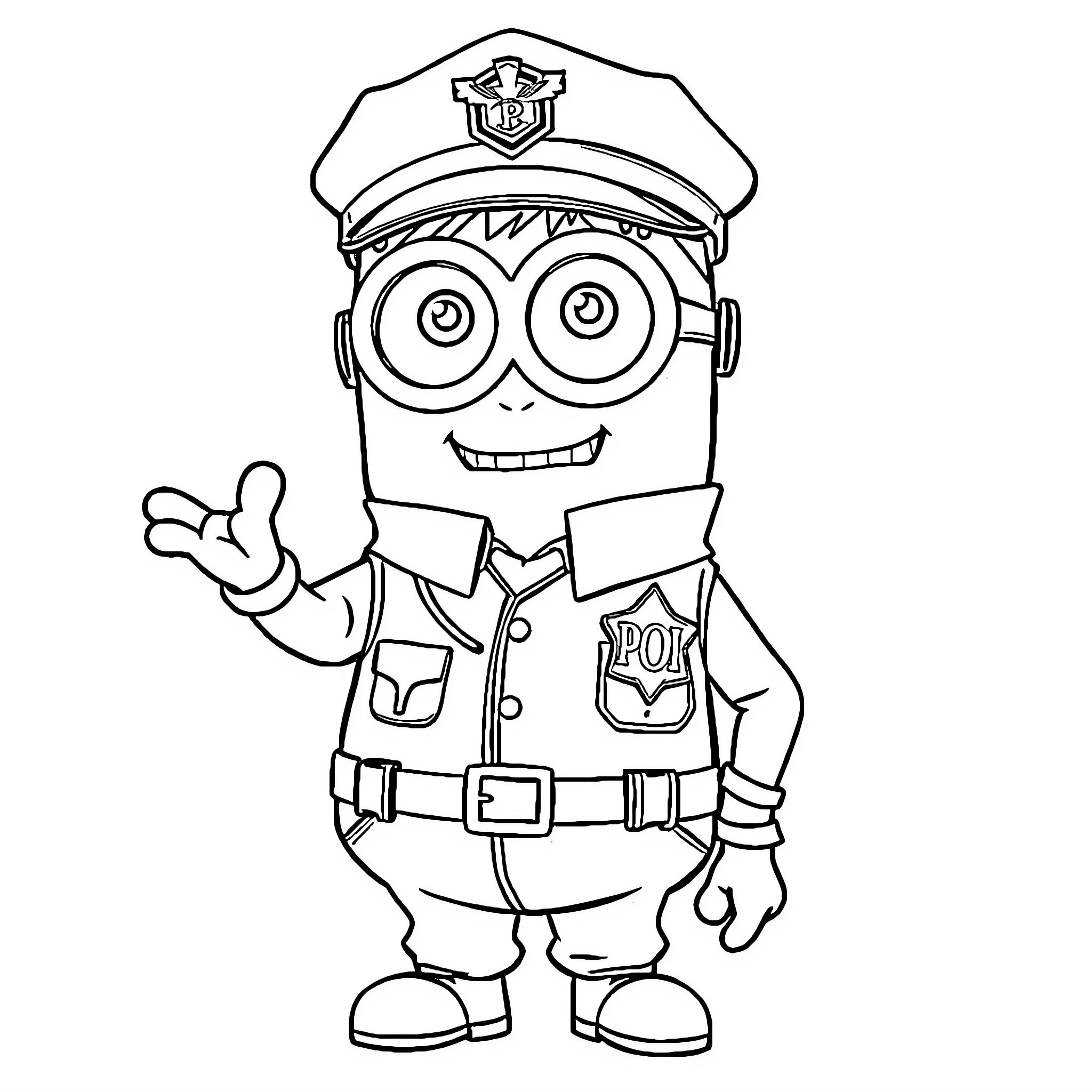 Gru the Friendly Police Officer Minion Coloring Page (free black-and-white line drawing printable PDF for all, from beginners to advanced learners, including children, teens, adults, and seniors)