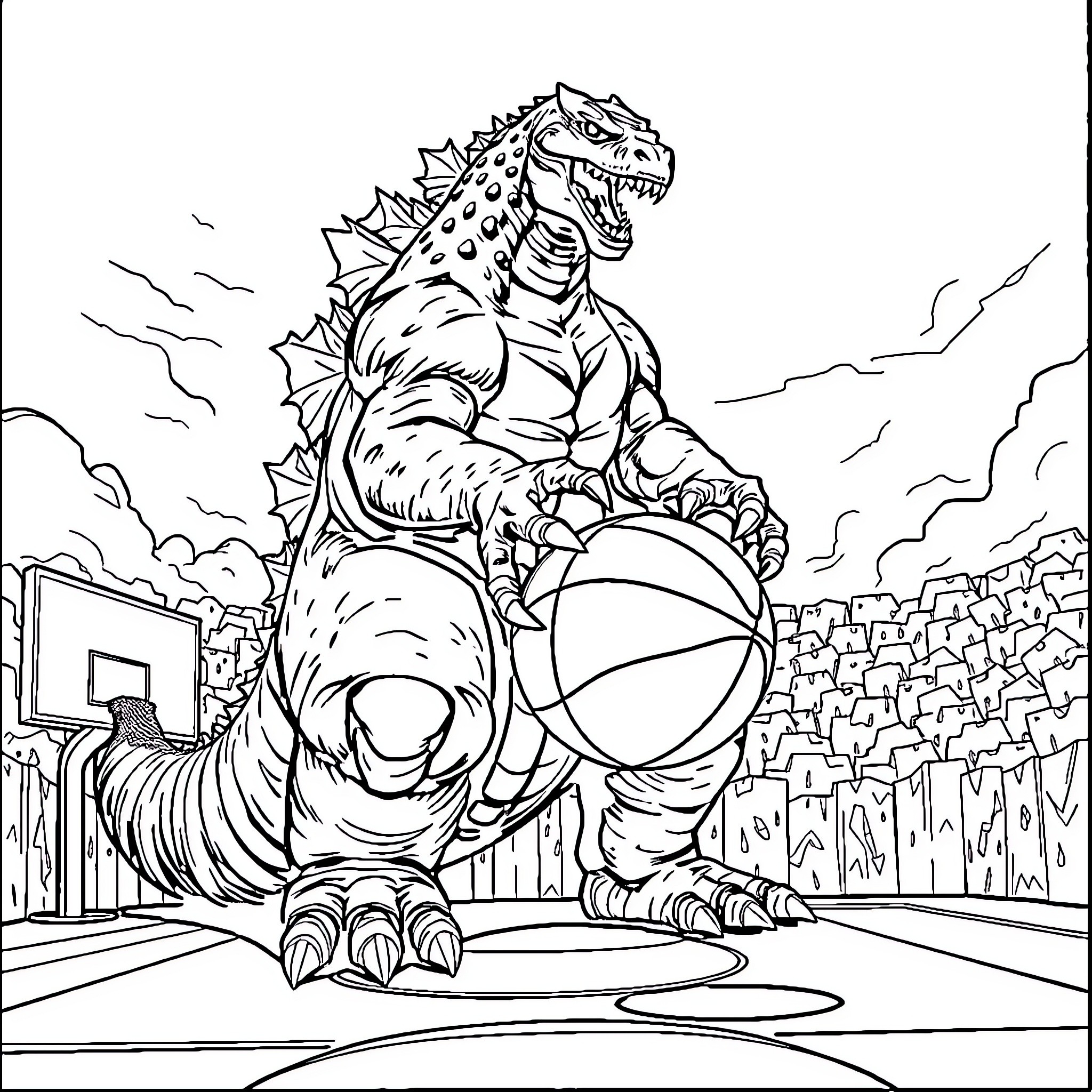 Godzilla wreaking havoc in a basketball court Coloring Page (free black-and-white line drawing printable PDF for all, from beginners to advanced learners, including children, teens, adults, and seniors)