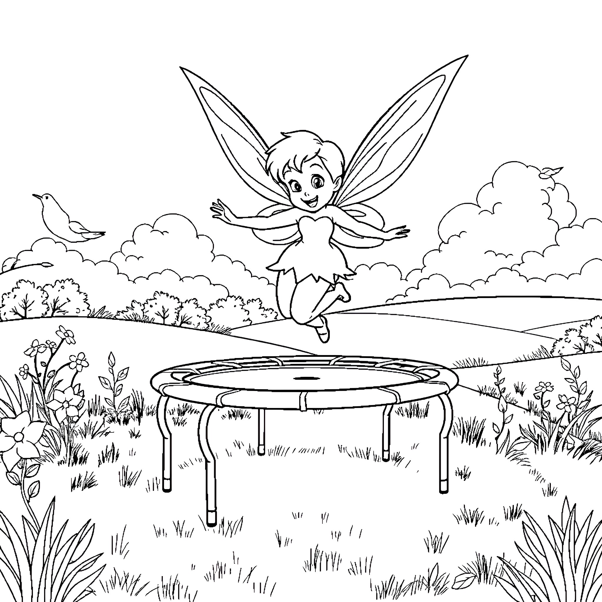 Tinkerbell playfully bouncing on a trampoline in nature Coloring Page (free black-and-white line drawing printable PDF for all, from beginners to advanced learners, including children, teens, adults, and seniors)