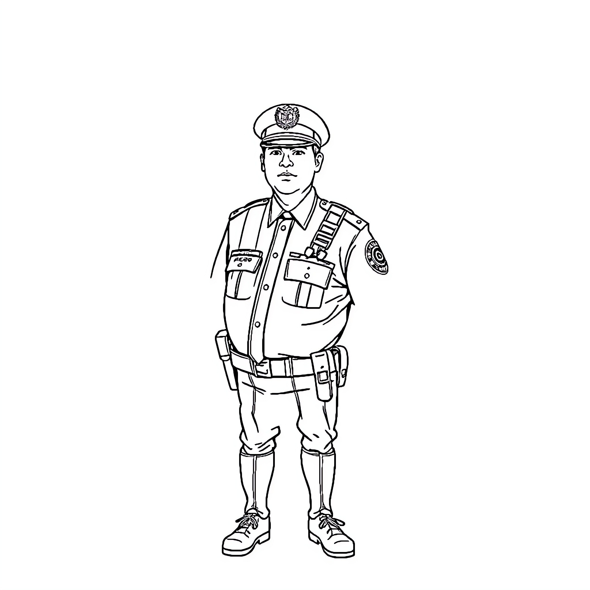 Police Officer in Uniform on Duty Coloring Page (free black-and-white line drawing printable PDF for all, from beginners to advanced learners, including children, teens, adults, and seniors)