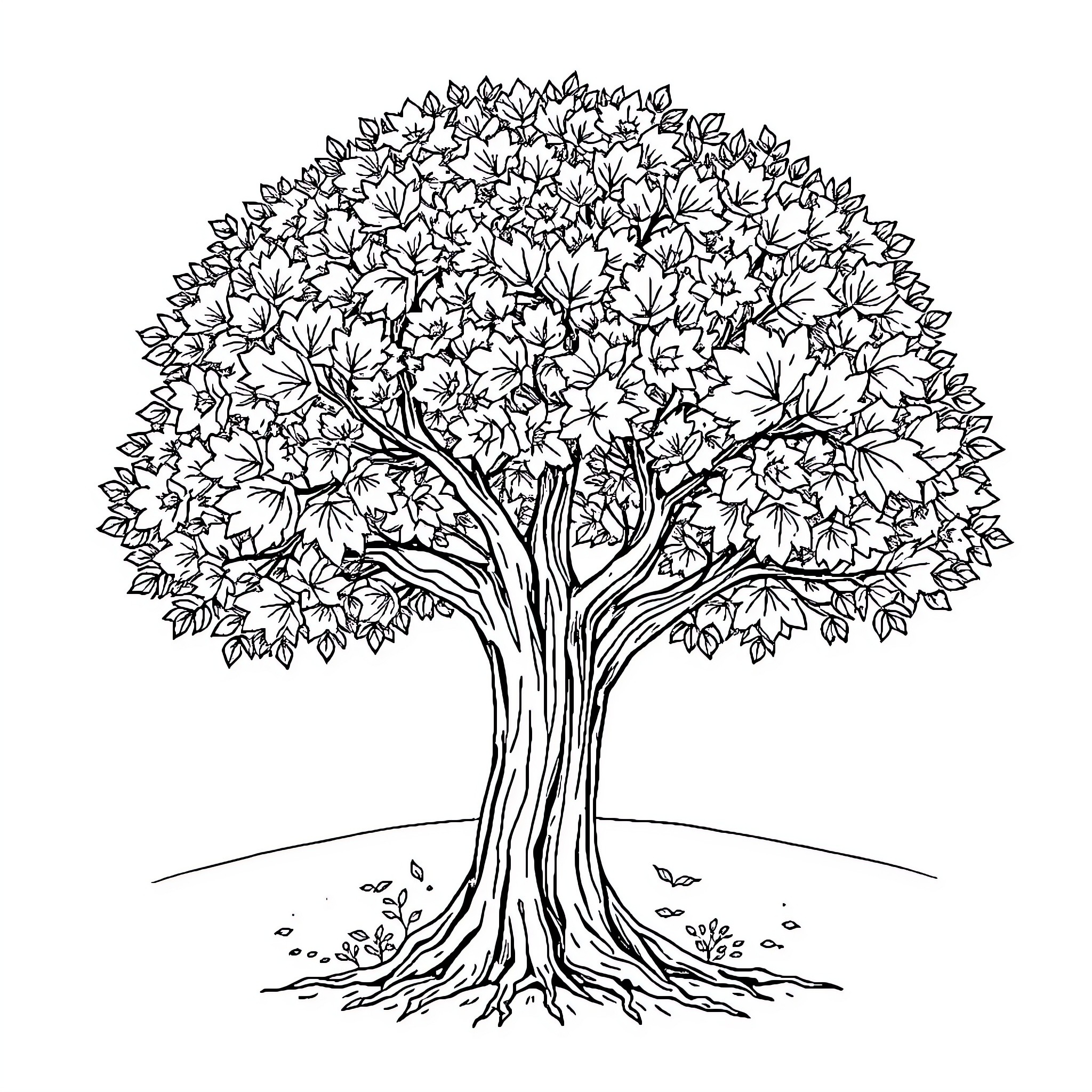 Tree with full foliage in a natural setting Coloring Page (free black-and-white line drawing printable PDF for all, from beginners to advanced learners, including children, teens, adults, and seniors)